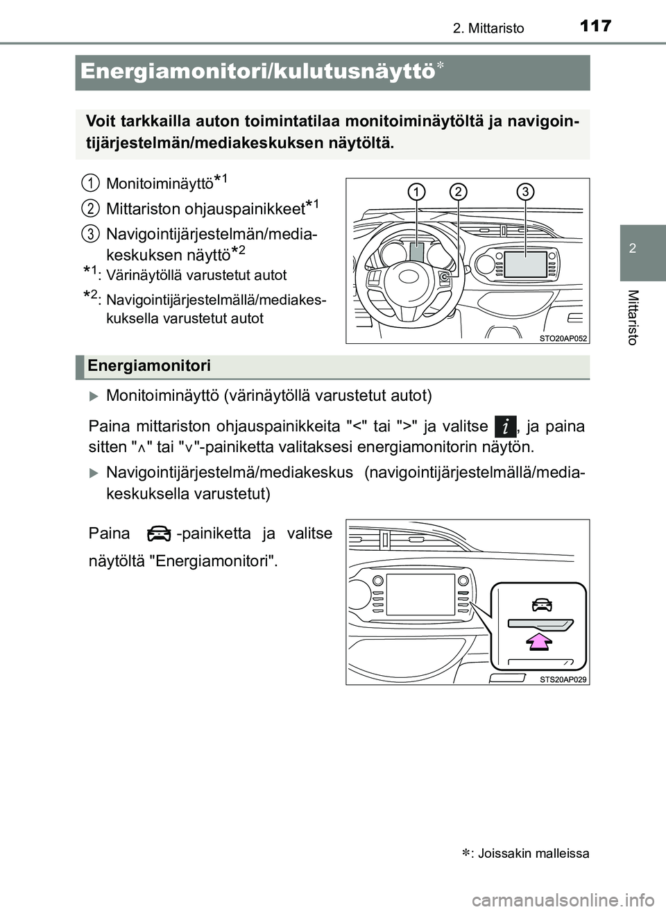 TOYOTA YARIS HATCHBACK 2018  Omistajan Käsikirja (in Finnish) 117
2
2. Mittaristo
Mittaristo
YARIS_HV_OM_Europe_OM52C96FI
Energiamonitori/kulutusnäyttö
Monitoiminäyttö*1
Mittariston ohjauspainikkeet*1
Navigointijärjestelmän/media-
keskuksen näyttö
*2
