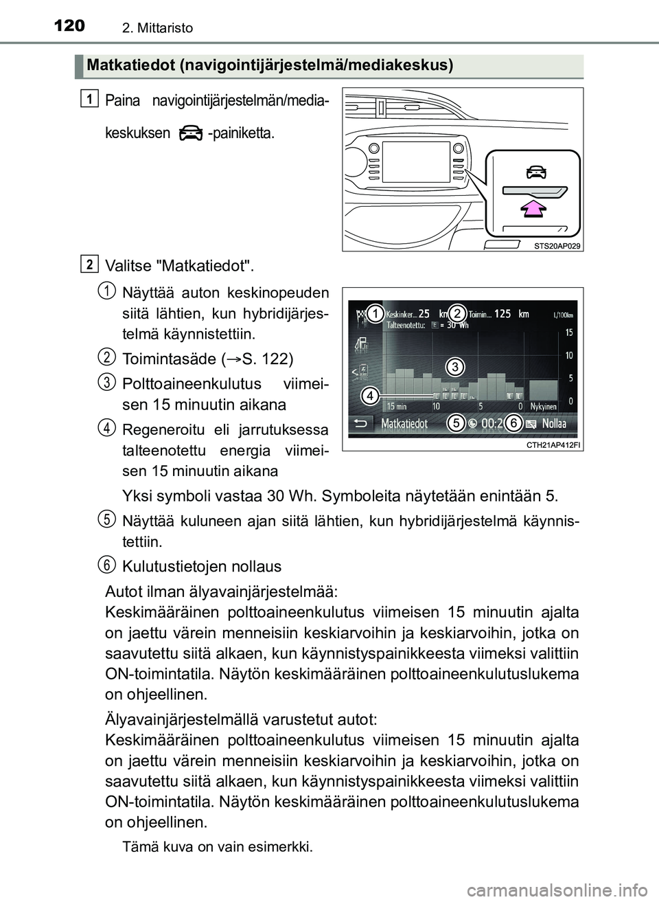 TOYOTA YARIS HATCHBACK 2018 Omistajan Käsikirja (in Finnish) 1202. Mittaristo
YARIS_HV_OM_Europe_OM52C96FI
Paina navigointijärjestelmän/media-
keskuksen -painiketta.
Valitse "Matkatiedot".
Näyttää auton keskinopeuden
siitä lähtien, kun hybridijärjes-
te TOYOTA YARIS HATCHBACK 2018 Omistajan Käsikirja (in Finnish) 1202. Mittaristo
YARIS_HV_OM_Europe_OM52C96FI
Paina navigointijärjestelmän/media-
keskuksen -painiketta.
Valitse "Matkatiedot".
Näyttää auton keskinopeuden
siitä lähtien, kun hybridijärjes-
te