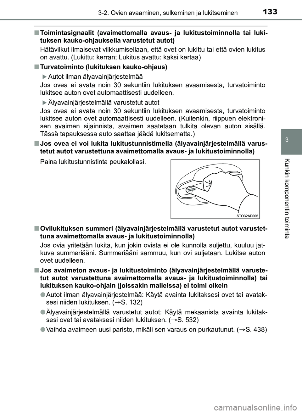 TOYOTA YARIS HATCHBACK 2018 Omistajan Käsikirja (in Finnish) 1333-2. Ovien avaaminen, sulkeminen ja lukitseminen
3
Kunkin komponentin toiminta
YARIS_HV_OM_Europe_OM52C96FI
nToimintasignaalit (avaimett omalla avaus- ja lukitustoiminnolla tai luki-
tuksen kauko-o TOYOTA YARIS HATCHBACK 2018 Omistajan Käsikirja (in Finnish) 1333-2. Ovien avaaminen, sulkeminen ja lukitseminen
3
Kunkin komponentin toiminta
YARIS_HV_OM_Europe_OM52C96FI
nToimintasignaalit (avaimett omalla avaus- ja lukitustoiminnolla tai luki-
tuksen kauko-o