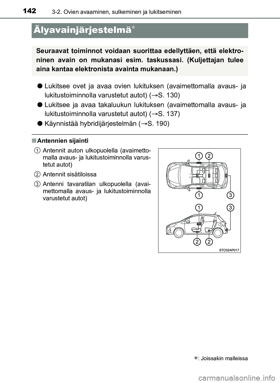 TOYOTA YARIS HATCHBACK 2018  Omistajan Käsikirja (in Finnish) 1423-2. Ovien avaaminen, sulkeminen ja lukitseminen
YARIS_HV_OM_Europe_OM52C96FI
Älyavainjärjestelmä
lLukitsee ovet ja avaa ovien lukituksen (avaimettomalla avaus- ja
lukitustoiminnolla varustet