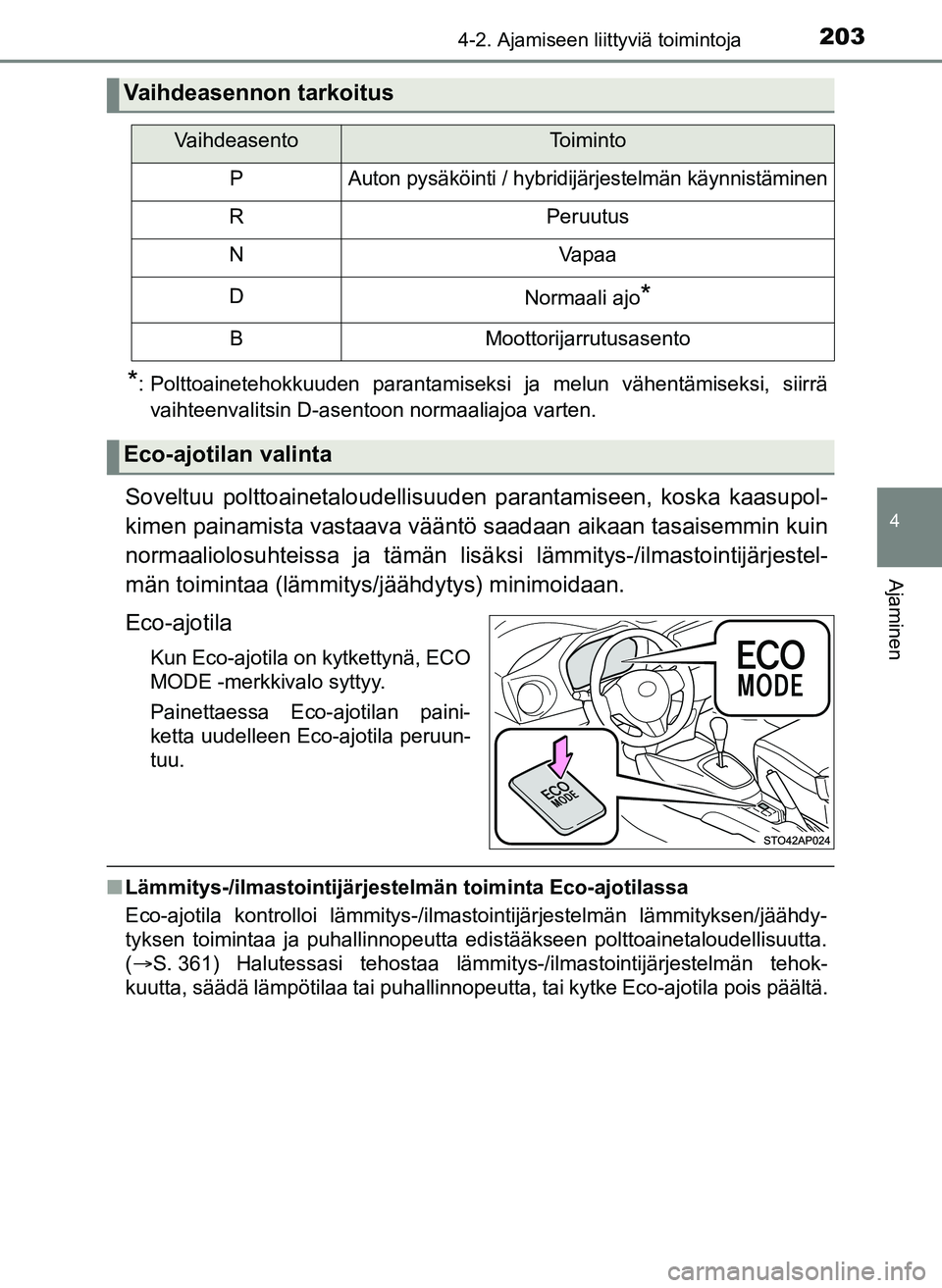 TOYOTA YARIS HATCHBACK 2018 Omistajan Käsikirja (in Finnish) 2034-2. Ajamiseen liittyviä toimintoja
4
Ajaminen
YARIS_HV_OM_Europe_OM52C96FI
*: Polttoainetehokkuuden parantamiseksi ja melun vähentämiseksi, siirrävaihteenvalitsin D-asentoon normaaliajoa varte TOYOTA YARIS HATCHBACK 2018 Omistajan Käsikirja (in Finnish) 2034-2. Ajamiseen liittyviä toimintoja
4
Ajaminen
YARIS_HV_OM_Europe_OM52C96FI
*: Polttoainetehokkuuden parantamiseksi ja melun vähentämiseksi, siirrävaihteenvalitsin D-asentoon normaaliajoa varte
