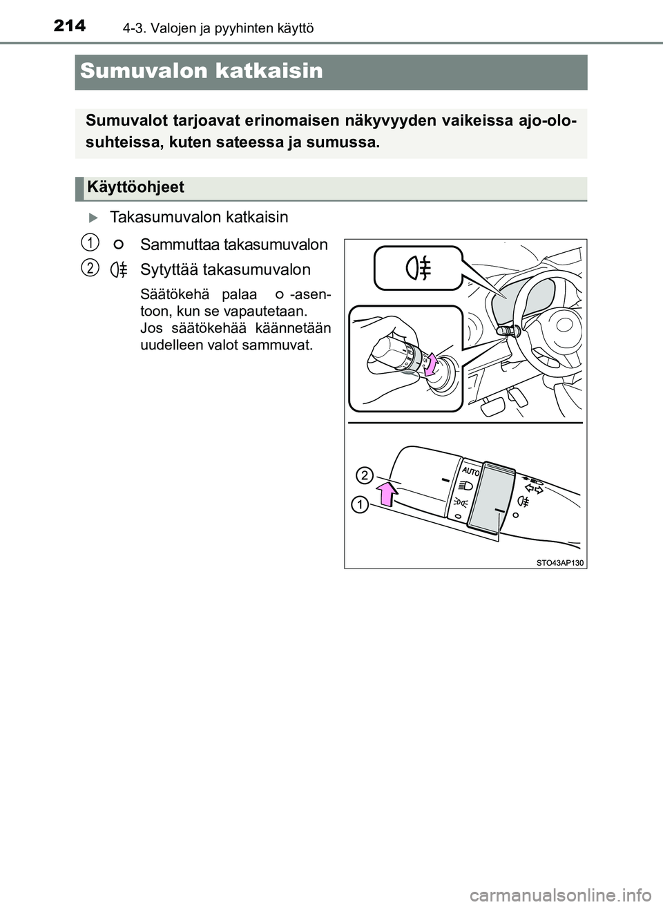 TOYOTA YARIS HATCHBACK 2018  Omistajan Käsikirja (in Finnish) 2144-3. Valojen ja pyyhinten käyttö
YARIS_HV_OM_Europe_OM52C96FI
Sumuvalon katkaisin
 Takasumuvalon katkaisinSammuttaa takasumuvalon
Sytyttää takasumuvalon
Säätökehä palaa  -asen-
toon, kun