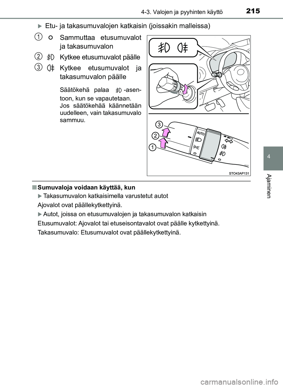 TOYOTA YARIS HATCHBACK 2018  Omistajan Käsikirja (in Finnish) 2154-3. Valojen ja pyyhinten käyttö
4
Ajaminen
YARIS_HV_OM_Europe_OM52C96FI
Etu- ja takasumuvalojen katkaisin (joissakin malleissa)
Sammuttaa etusumuvalot
ja takasumuvalon
Kytkee etusumuvalot pä
