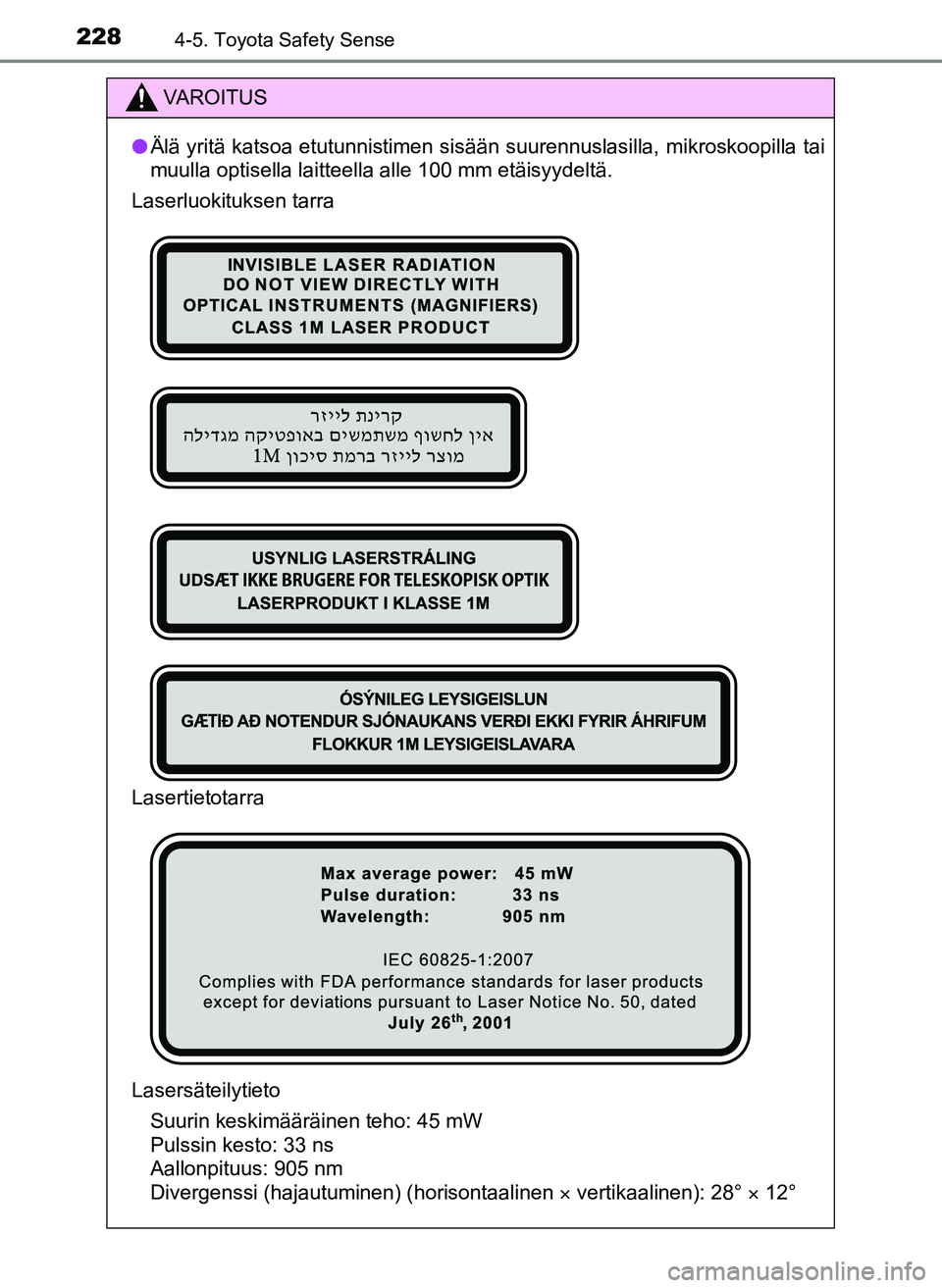 TOYOTA YARIS HATCHBACK 2018  Omistajan Käsikirja (in Finnish) 2284-5. Toyota Safety Sense
YARIS_HV_OM_Europe_OM52C96FI
VAROITUS
l Älä yritä katsoa etutunnistimen sisään suurennuslasilla, \
mikroskoopilla tai
muulla optisella laitteella alle 100 mm etäisyyd