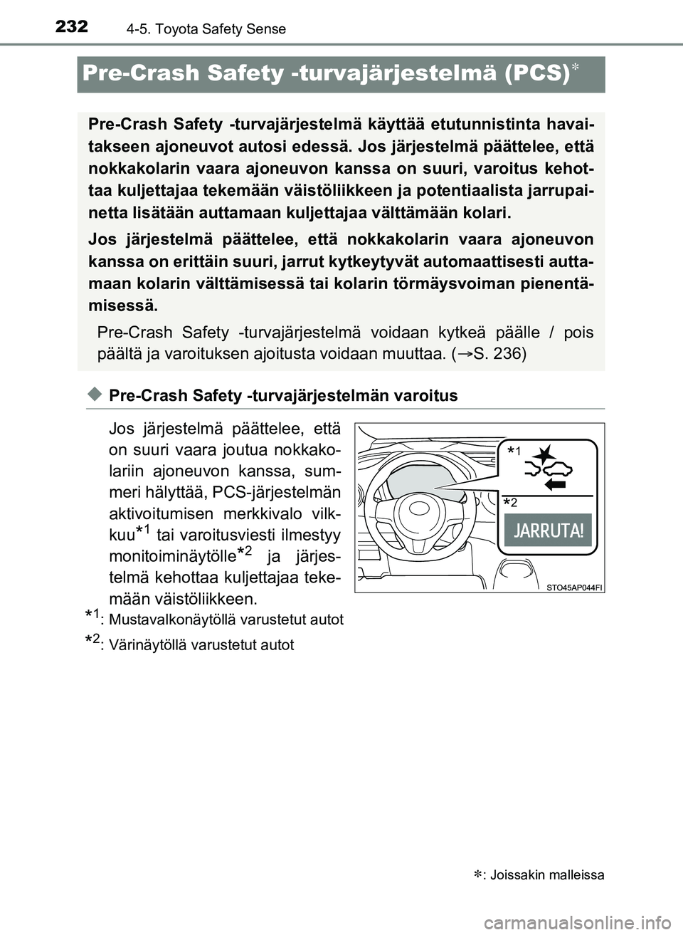 TOYOTA YARIS HATCHBACK 2018 Omistajan Käsikirja (in Finnish) 2324-5. Toyota Safety Sense
YARIS_HV_OM_Europe_OM52C96FI
Pre-Crash Safety -turvajärjestelmä (PCS)
uPre-Crash Safety -turvajärjestelmän varoitus
Jos järjestelmä päättelee, että
on suuri vaa TOYOTA YARIS HATCHBACK 2018 Omistajan Käsikirja (in Finnish) 2324-5. Toyota Safety Sense
YARIS_HV_OM_Europe_OM52C96FI
Pre-Crash Safety -turvajärjestelmä (PCS)
uPre-Crash Safety -turvajärjestelmän varoitus
Jos järjestelmä päättelee, että
on suuri vaa