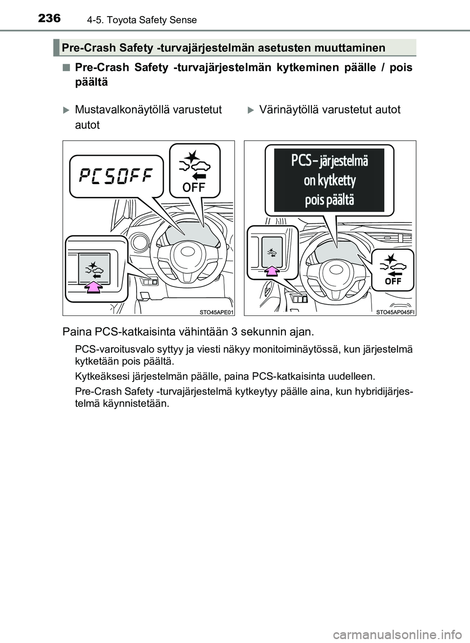 TOYOTA YARIS HATCHBACK 2018  Omistajan Käsikirja (in Finnish) 2364-5. Toyota Safety Sense
YARIS_HV_OM_Europe_OM52C96FIn
Pre-Crash Safety -turvajärjestelmän kytkeminen päälle / pois
päältä
Paina PCS-katkaisinta vähintään 3 sekunnin ajan.
PCS-varoitusval