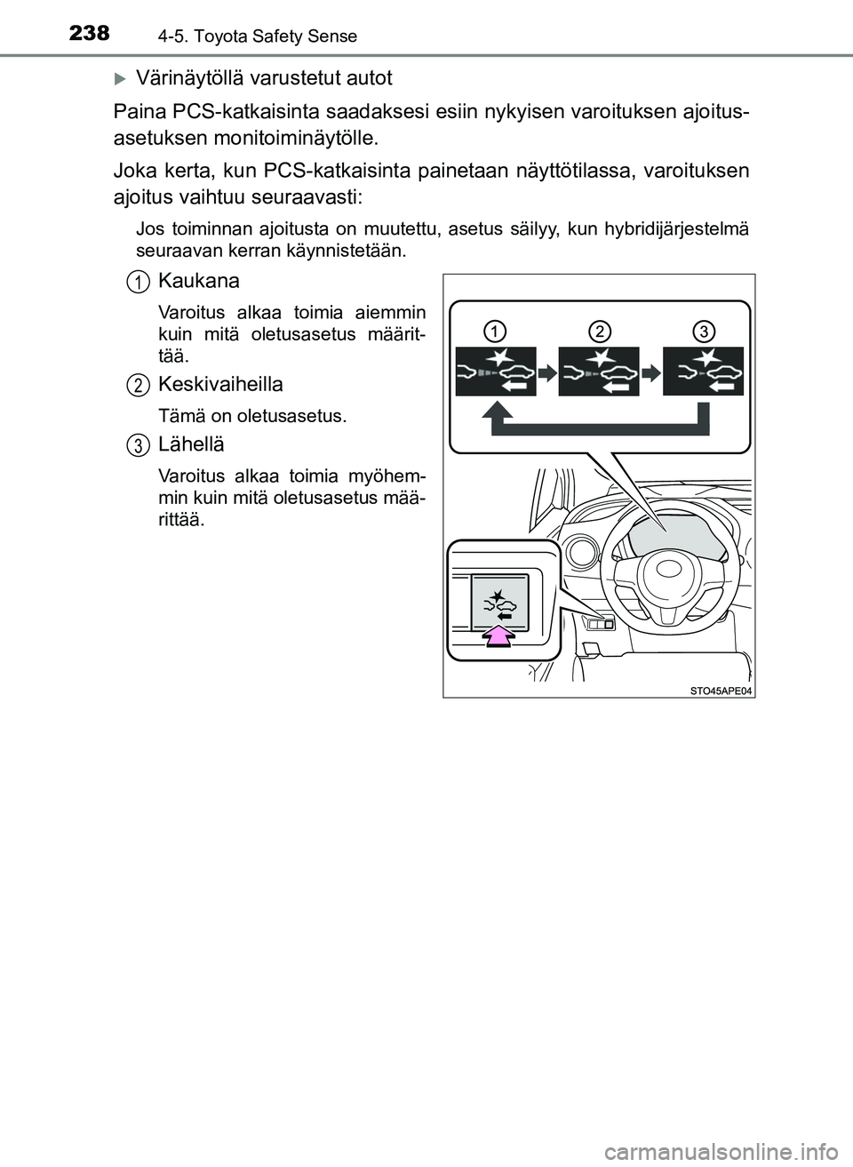 TOYOTA YARIS HATCHBACK 2018  Omistajan Käsikirja (in Finnish) 2384-5. Toyota Safety Sense
YARIS_HV_OM_Europe_OM52C96FI
Värinäytöllä varustetut autot
Paina PCS-katkaisinta saadaksesi esiin nykyisen varoituksen ajoitus-
asetuksen monitoiminäytölle.
Joka k