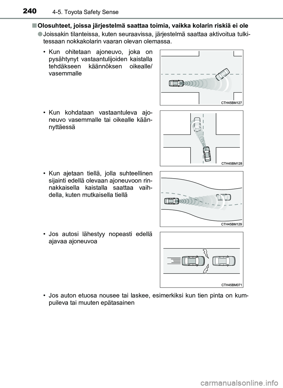 TOYOTA YARIS HATCHBACK 2018  Omistajan Käsikirja (in Finnish) 2404-5. Toyota Safety Sense
YARIS_HV_OM_Europe_OM52C96FIn
Olosuhteet, joissa järjestelmä saattaa toimia, vaikka kolarin riskiä ei ole
lJoissakin tilanteissa, kuten seuraavissa, järjestelmä saatta