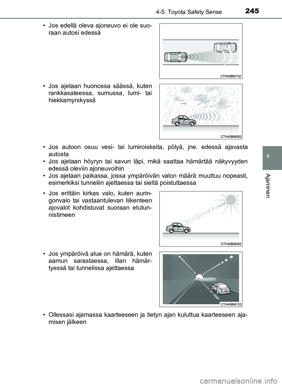 TOYOTA YARIS HATCHBACK 2018  Omistajan Käsikirja (in Finnish) 2454-5. Toyota Safety Sense
4
Ajaminen
YARIS_HV_OM_Europe_OM52C96FI• Jos autoon osuu vesi- tai lumiroiskeita, pölyä, jne. edessä ajavasta
autosta
• Jos ajetaan höyryn tai savun läpi, mikä sa