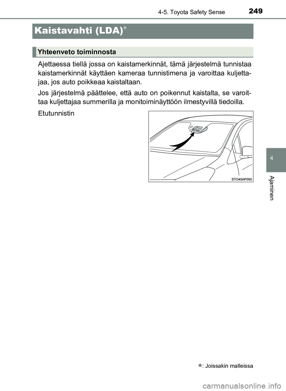 TOYOTA YARIS HATCHBACK 2018  Omistajan Käsikirja (in Finnish) 249
4
4-5. Toyota Safety Sense
Ajaminen
YARIS_HV_OM_Europe_OM52C96FI
Kaistavahti (LDA)
Ajettaessa tiellä jossa on kaistamerkinnät, tämä järjestelmä tunnistaa
kaistamerkinnät käyttäen kamer