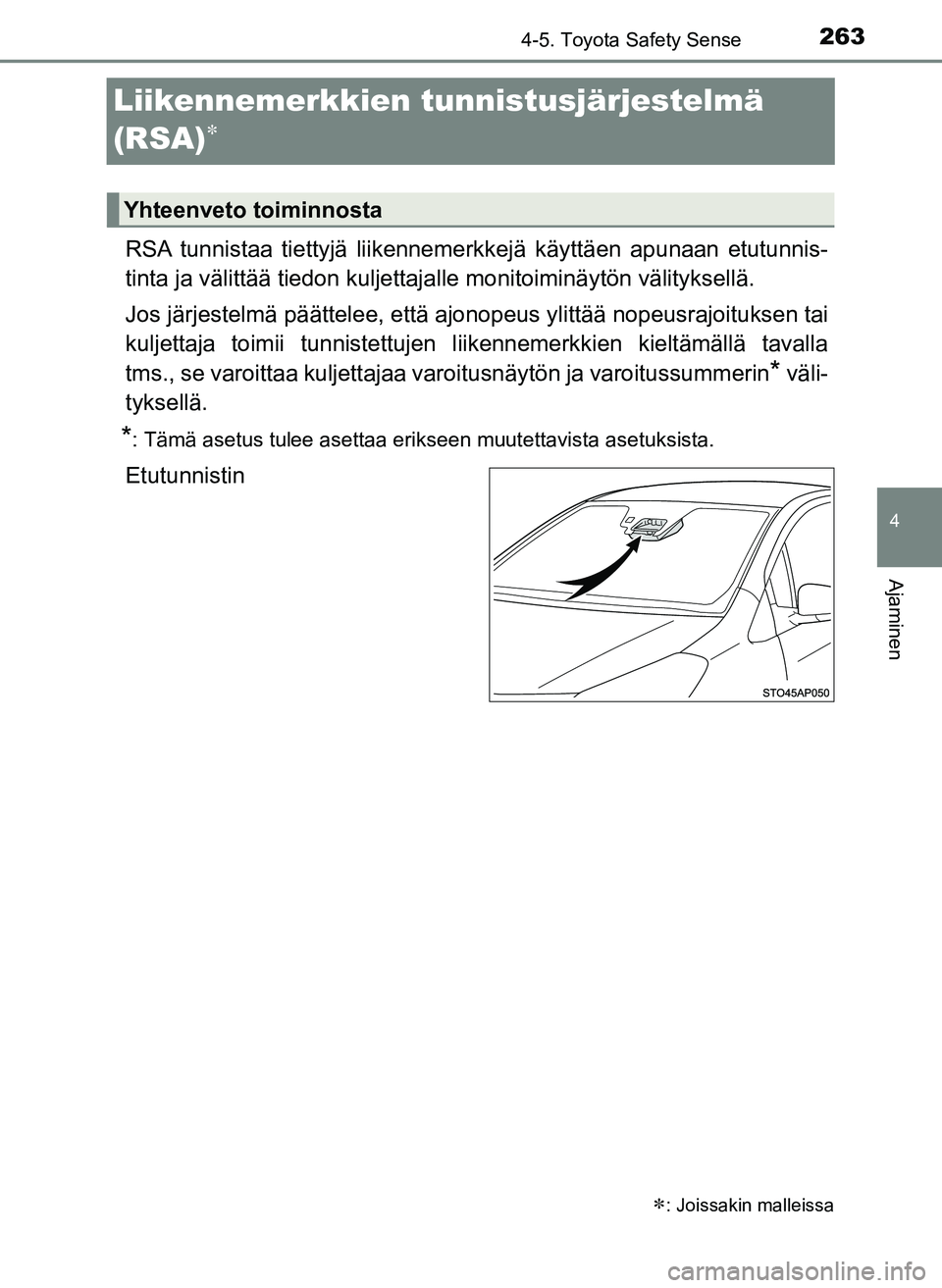 TOYOTA YARIS HATCHBACK 2018  Omistajan Käsikirja (in Finnish) 263
4
4-5. Toyota Safety Sense
Ajaminen
YARIS_HV_OM_Europe_OM52C96FI
Liikennemerkkien tunnistusjärjestelmä 
(RSA)

RSA tunnistaa tiettyjä liikennemerkkejä käyttäen apunaan etutunnis-
tinta ja