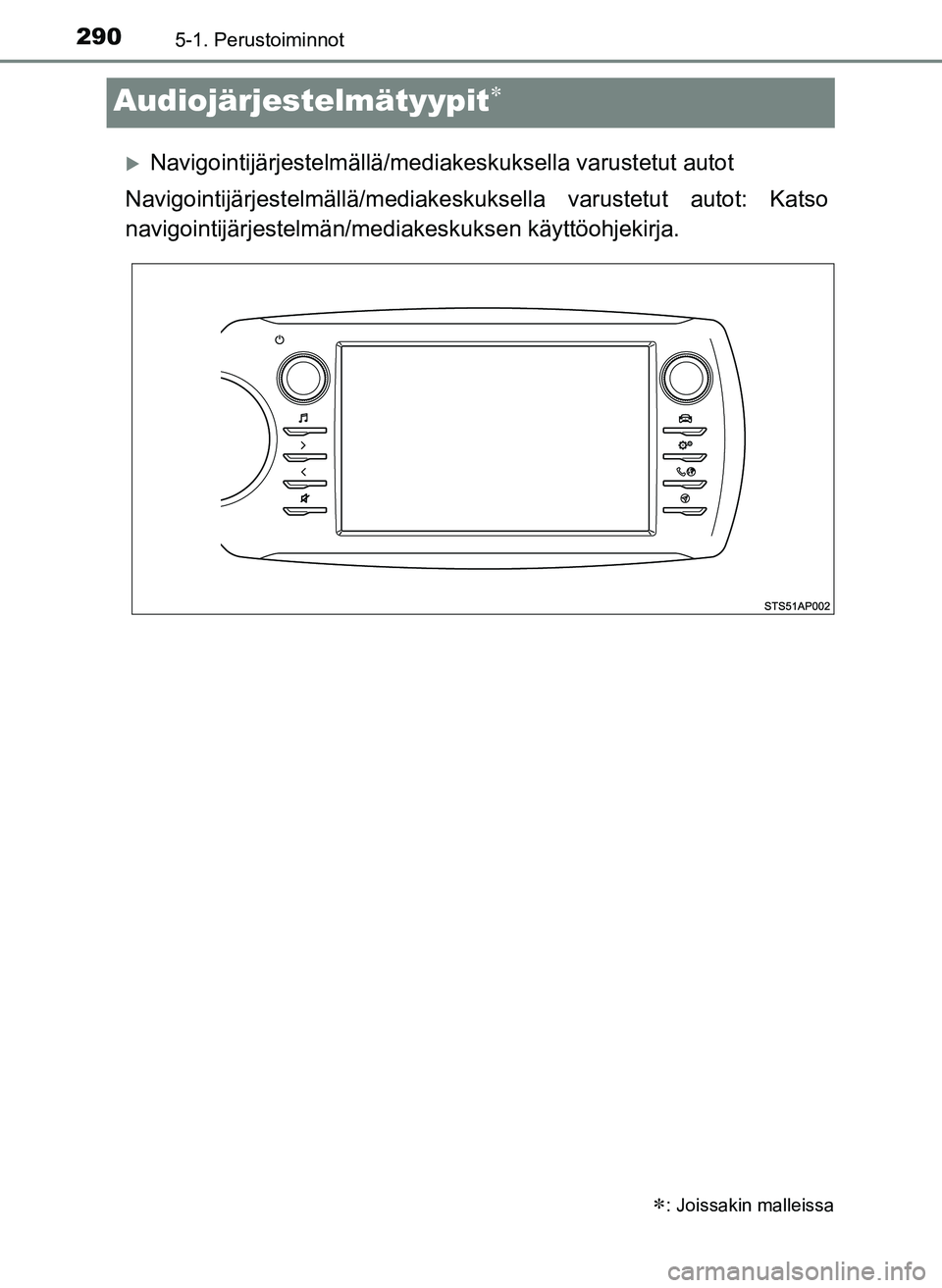 TOYOTA YARIS HATCHBACK 2018  Omistajan Käsikirja (in Finnish) 2905-1. Perustoiminnot
YARIS_HV_OM_Europe_OM52C96FI
Audiojärjestelmätyypit
Navigointijärjestelmällä/mediakeskuksella varustetut autot
Navigointijärjestelmällä/mediakesku ksella varustetu