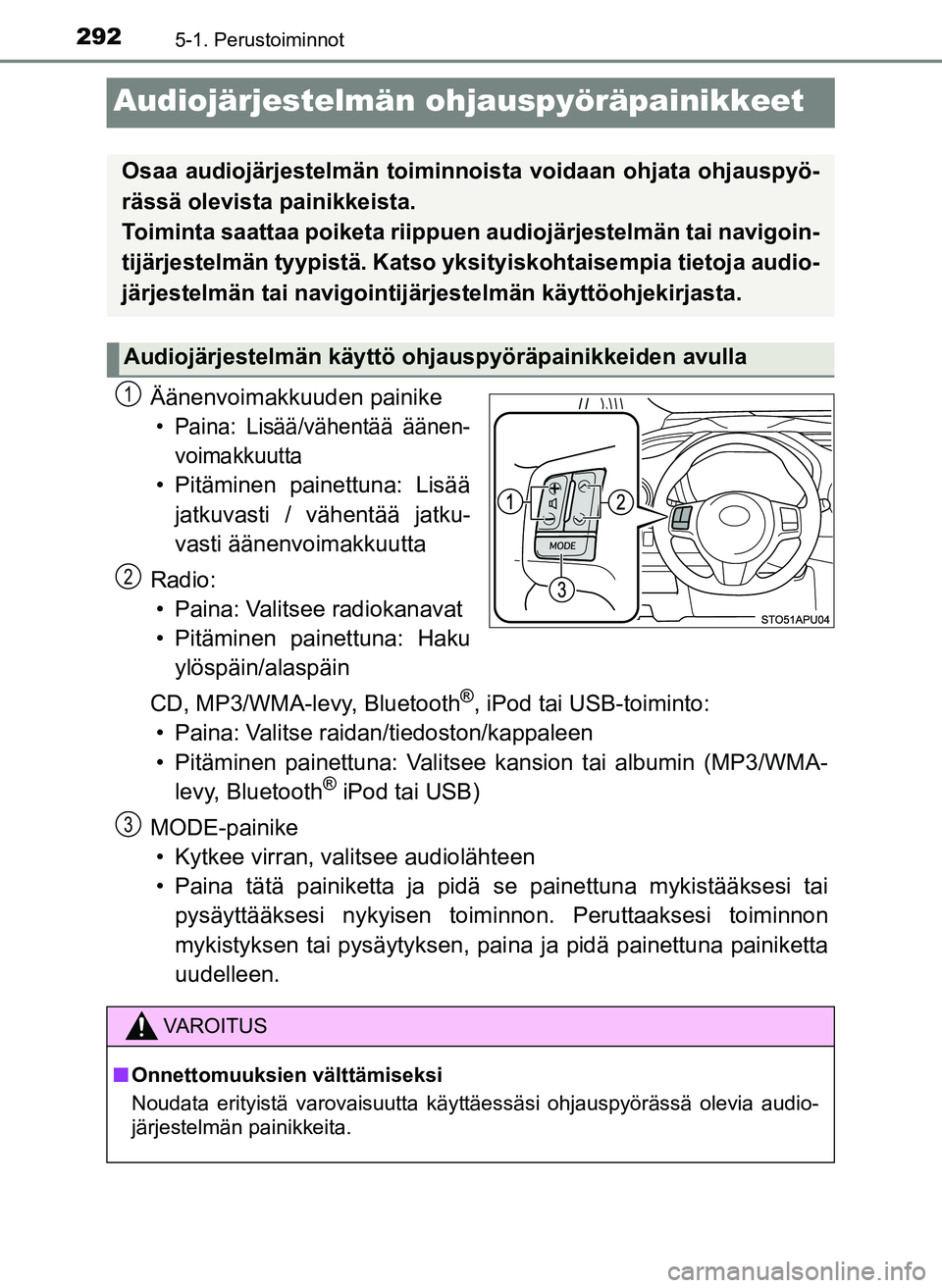 TOYOTA YARIS HATCHBACK 2018  Omistajan Käsikirja (in Finnish) 2925-1. Perustoiminnot
YARIS_HV_OM_Europe_OM52C96FI
Audiojärjestelmän ohjauspyöräpainikkeet
Äänenvoimakkuuden painike
• Paina: Lisää/vähentää äänen-
voimakkuutta
• Pitäminen painettu