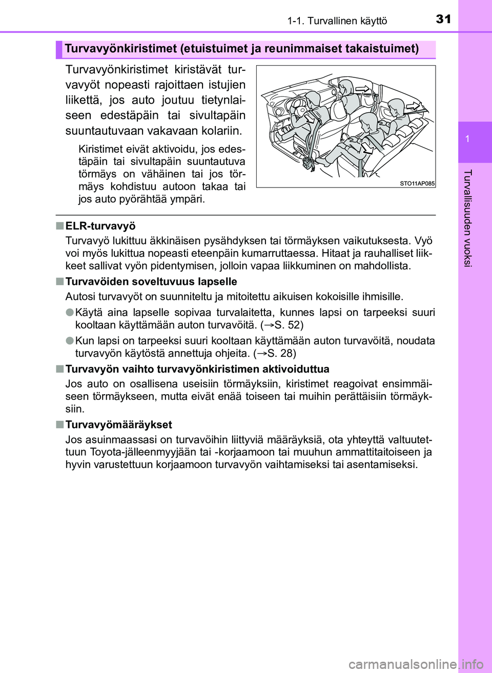 TOYOTA YARIS HATCHBACK 2018 Omistajan Käsikirja (in Finnish) 311-1. Turvallinen käyttö
1
Turvallisuuden vuoksi
YARIS_HV_OM_Europe_OM52C96FI
Turvavyönkiristimet kiristävät tur-
vavyöt nopeasti rajoittaen istujien
liikettä, jos auto joutuu tietynlai-
seen TOYOTA YARIS HATCHBACK 2018 Omistajan Käsikirja (in Finnish) 311-1. Turvallinen käyttö
1
Turvallisuuden vuoksi
YARIS_HV_OM_Europe_OM52C96FI
Turvavyönkiristimet kiristävät tur-
vavyöt nopeasti rajoittaen istujien
liikettä, jos auto joutuu tietynlai-
seen