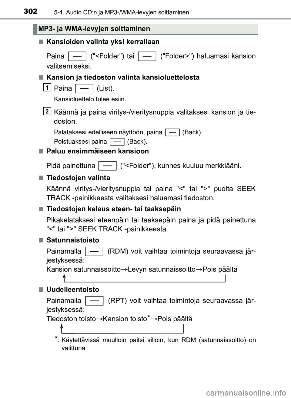 TOYOTA YARIS HATCHBACK 2018 Omistajan Käsikirja (in Finnish) 3025-4. Audio CD:n ja MP3-/WMA-levyjen soittaminen
YARIS_HV_OM_Europe_OM52C96FIn
Kansioiden valinta yksi kerrallaan
Paina ("<Folder") tai ("Folder>") haluamasi kansion
valitsemiseksi.
nKansion ja TOYOTA YARIS HATCHBACK 2018 Omistajan Käsikirja (in Finnish) 3025-4. Audio CD:n ja MP3-/WMA-levyjen soittaminen
YARIS_HV_OM_Europe_OM52C96FIn
Kansioiden valinta yksi kerrallaan
Paina ("<Folder") tai ("Folder>") haluamasi kansion
valitsemiseksi.
nKansion ja