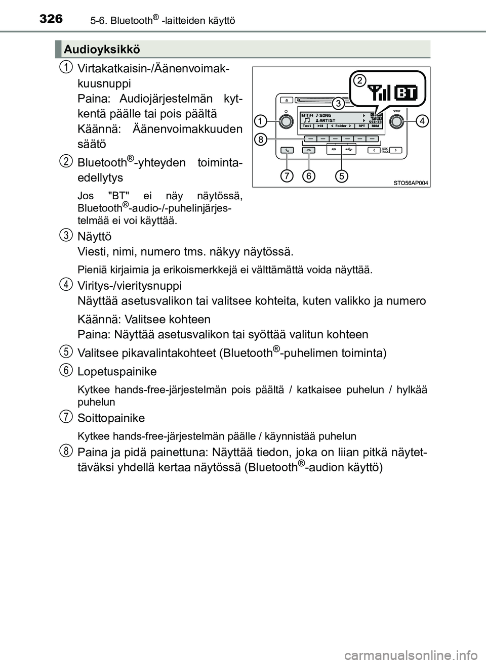 TOYOTA YARIS HATCHBACK 2018  Omistajan Käsikirja (in Finnish) 3265-6. Bluetooth® -laitteiden käyttö
YARIS_HV_OM_Europe_OM52C96FI
Virtakatkaisin-/Äänenvoimak-
kuusnuppi
Paina: Audiojärjestelmän  kyt-
kentä päälle tai pois päältä
Käännä: Äänenvoi