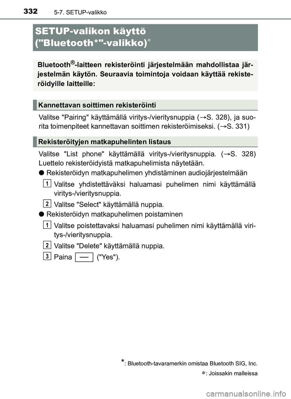 TOYOTA YARIS HATCHBACK 2018 Omistajan Käsikirja (in Finnish) 3325-7. SETUP-valikko
YARIS_HV_OM_Europe_OM52C96FI
SETUP-valikon käyttö
("Bluetooth*"-valikko)
Valitse "Pairing" käyttämällä viritys-/vieritysnuppia (S. 328), ja suo-
rita toimenpiteet k TOYOTA YARIS HATCHBACK 2018 Omistajan Käsikirja (in Finnish) 3325-7. SETUP-valikko
YARIS_HV_OM_Europe_OM52C96FI
SETUP-valikon käyttö
("Bluetooth*"-valikko)
Valitse "Pairing" käyttämällä viritys-/vieritysnuppia (S. 328), ja suo-
rita toimenpiteet k