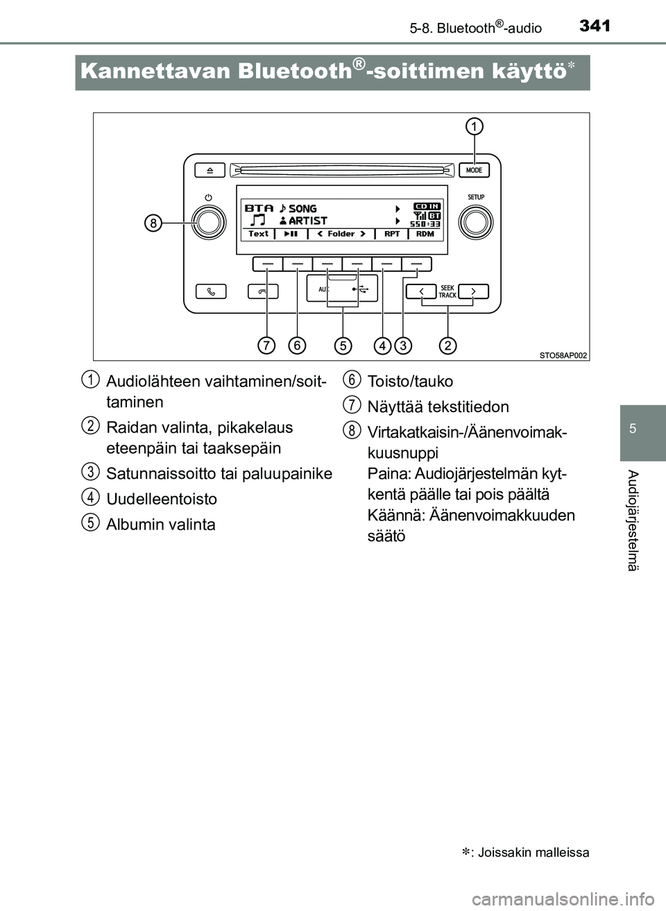 TOYOTA YARIS HATCHBACK 2018  Omistajan Käsikirja (in Finnish) 3415-8. Bluetooth®-audio
5
Audiojärjestelmä
YARIS_HV_OM_Europe_OM52C96FI
Kannettavan Bluetooth®-soittimen käyttö
: Joissakin malleissa
Audiolähteen vaihtaminen/soit-
taminen
Raidan valint