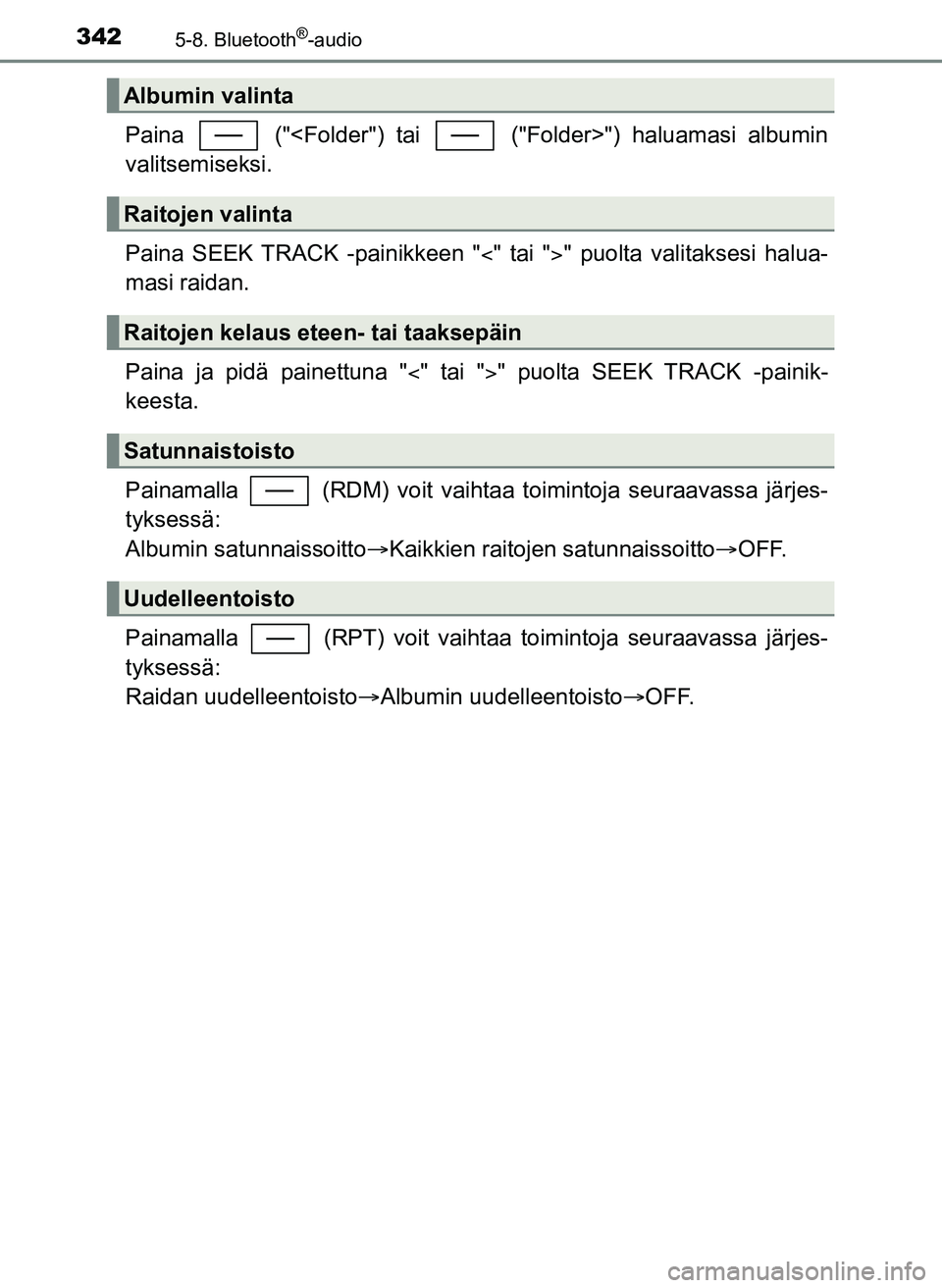TOYOTA YARIS HATCHBACK 2018  Omistajan Käsikirja (in Finnish) 3425-8. Bluetooth®-audio
YARIS_HV_OM_Europe_OM52C96FI
Paina   ("<Folder") tai   ("Folder>") haluamasi albumin
valitsemiseksi.
Paina SEEK TRACK -painikkeen "" tai "" puolta valitaksesi halua-
ma