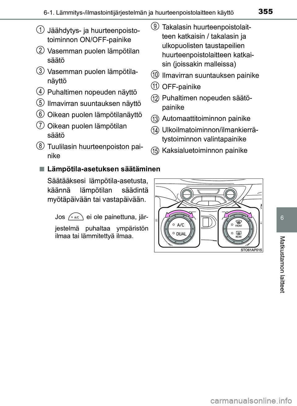 TOYOTA YARIS HATCHBACK 2018 Omistajan Käsikirja (in Finnish) 3556-1. Lämmitys-/ilmastointijärjestelmän ja huurteenpoistolaitteen käyttö
6
Matkustamon laitteet
YARIS_HV_OM_Europe_OM52C96FIn
Lämpötila-asetuksen säätäminen
Säätääksesi lämpötila-ase TOYOTA YARIS HATCHBACK 2018 Omistajan Käsikirja (in Finnish) 3556-1. Lämmitys-/ilmastointijärjestelmän ja huurteenpoistolaitteen käyttö
6
Matkustamon laitteet
YARIS_HV_OM_Europe_OM52C96FIn
Lämpötila-asetuksen säätäminen
Säätääksesi lämpötila-ase