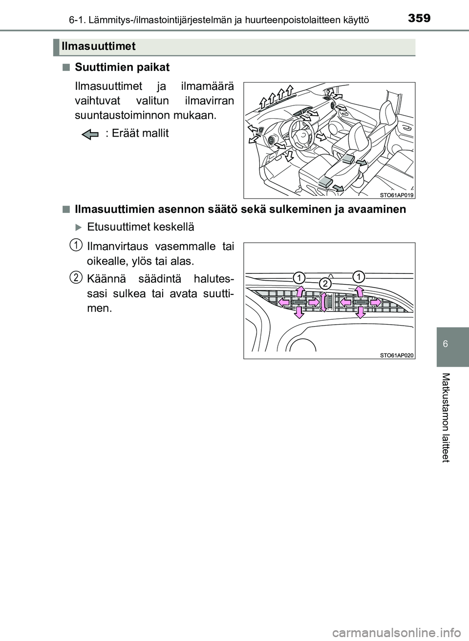TOYOTA YARIS HATCHBACK 2018  Omistajan Käsikirja (in Finnish) 3596-1. Lämmitys-/ilmastointijärjestelmän ja huurteenpoistolaitteen käyttö
6
Matkustamon laitteet
YARIS_HV_OM_Europe_OM52C96FIn
Suuttimien paikat
Ilmasuuttimet ja ilmamäärä
vaihtuvat valitun i