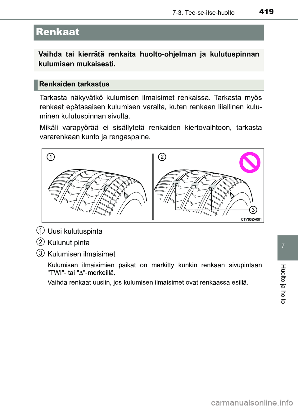 TOYOTA YARIS HATCHBACK 2018  Omistajan Käsikirja (in Finnish) 4197-3. Tee-se-itse-huolto
7
Huolto ja hoito
YARIS_HV_OM_Europe_OM52C96FI
Renkaat
Tarkasta näkyvätkö kulumisen ilmaisimet renkaissa. Tarkasta myös
renkaat epätasaisen kulumisen varalta, kuten ren