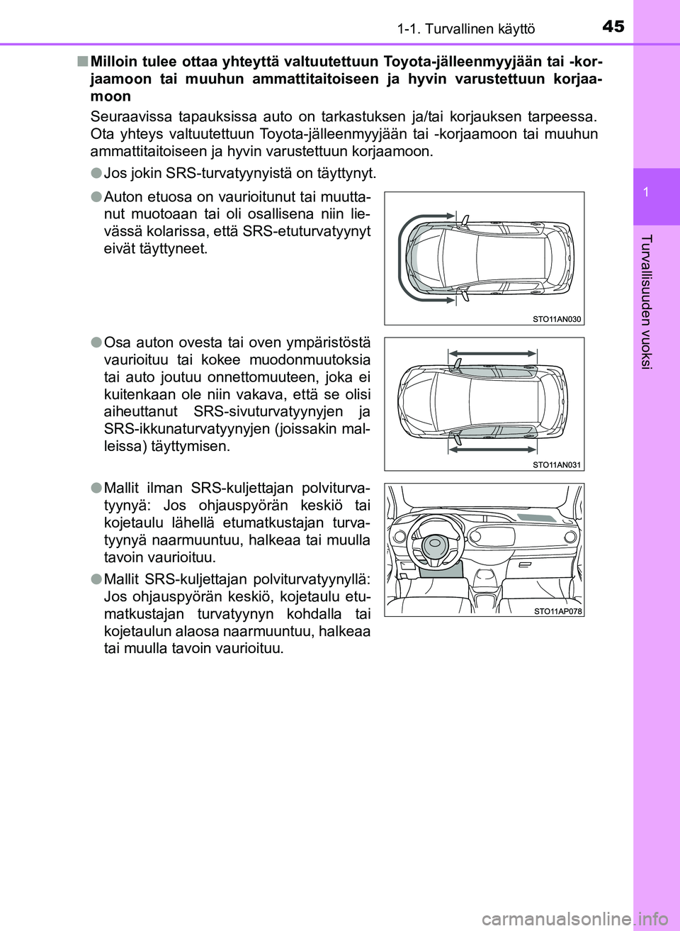 TOYOTA YARIS HATCHBACK 2018 Omistajan Käsikirja (in Finnish) 451-1. Turvallinen käyttö
1
Turvallisuuden vuoksi
YARIS_HV_OM_Europe_OM52C96FIn
Milloin tulee ottaa yhteyttä valtuutettuun Toyota-jälleenmyyjään tai -kor-
jaamoon tai muuhun ammattitaitoi seen j TOYOTA YARIS HATCHBACK 2018 Omistajan Käsikirja (in Finnish) 451-1. Turvallinen käyttö
1
Turvallisuuden vuoksi
YARIS_HV_OM_Europe_OM52C96FIn
Milloin tulee ottaa yhteyttä valtuutettuun Toyota-jälleenmyyjään tai -kor-
jaamoon tai muuhun ammattitaitoi seen j