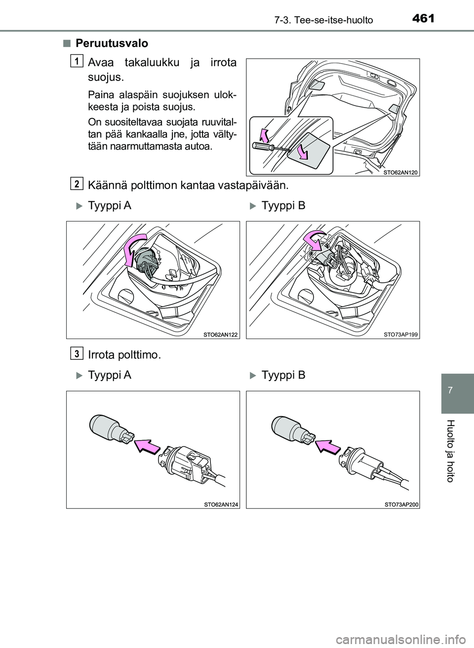 TOYOTA YARIS HATCHBACK 2018  Omistajan Käsikirja (in Finnish) 4617-3. Tee-se-itse-huolto
7
Huolto ja hoito
YARIS_HV_OM_Europe_OM52C96FIn
Peruutusvalo
Avaa takaluukku ja irrota
suojus.
Paina alaspäin suojuksen ulok-
keesta ja poista suojus.
On suositeltavaa suoj