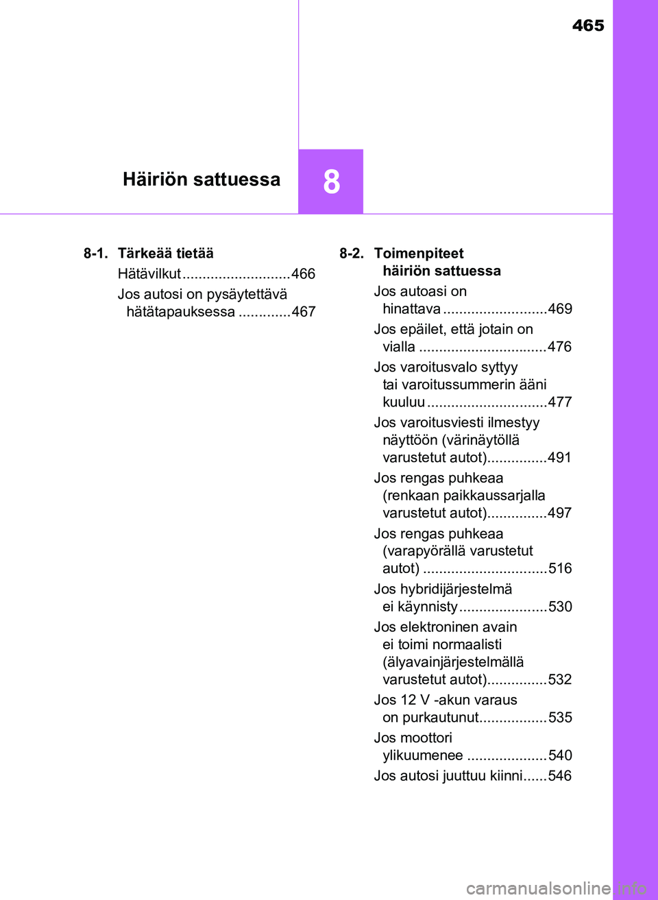 TOYOTA YARIS HATCHBACK 2018 Omistajan Käsikirja (in Finnish) 465
8Häiriön sattuessa
YARIS_HV_OM_Europe_OM52C96FI8-1. Tärkeää tietää
Hätävilkut ........................... 466
Jos autosi on pysäytettävä hätätapauksessa ............. 467 8-2. Toimen TOYOTA YARIS HATCHBACK 2018 Omistajan Käsikirja (in Finnish) 465
8Häiriön sattuessa
YARIS_HV_OM_Europe_OM52C96FI8-1. Tärkeää tietää
Hätävilkut ........................... 466
Jos autosi on pysäytettävä hätätapauksessa ............. 467 8-2. Toimen