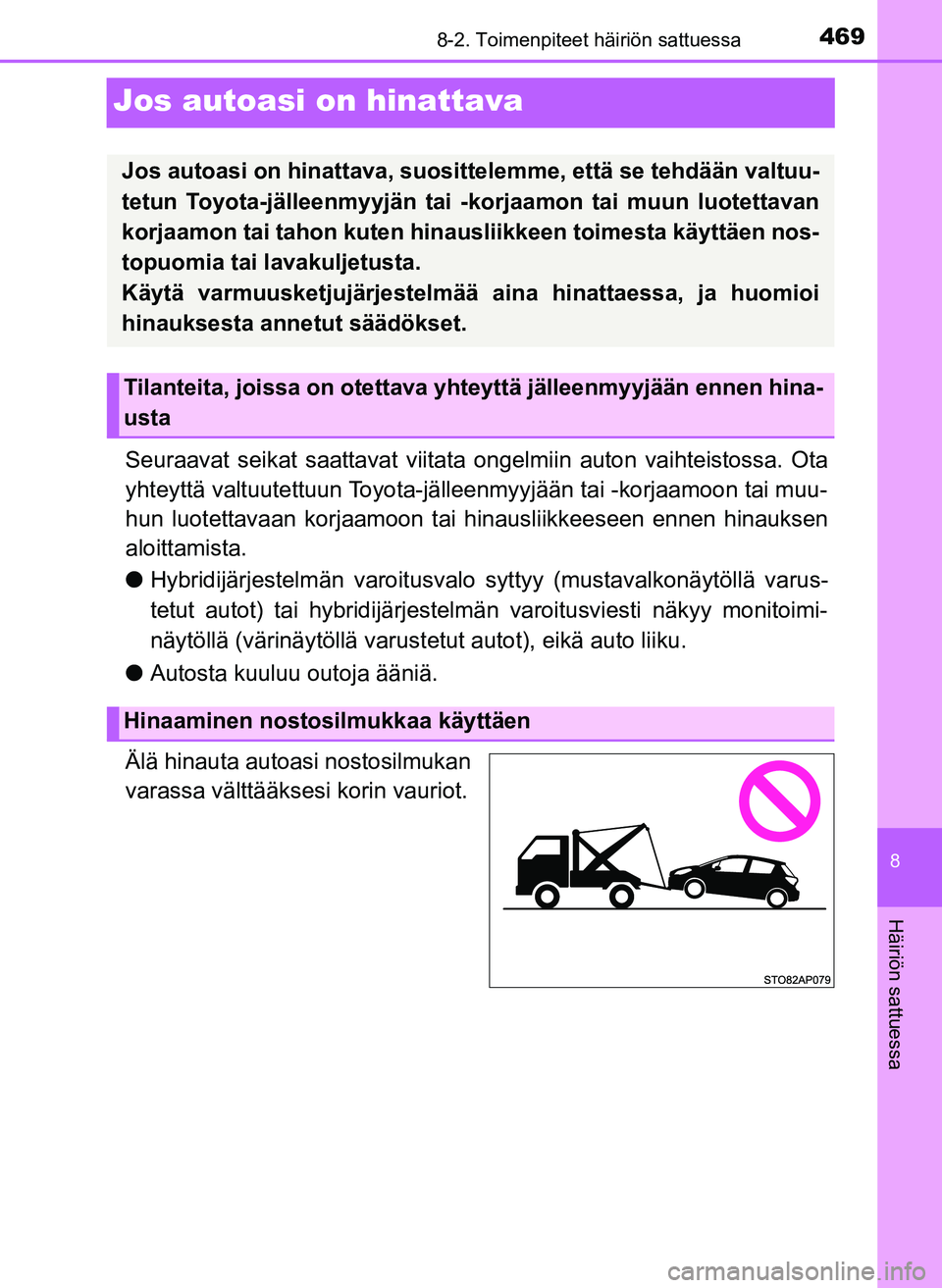 TOYOTA YARIS HATCHBACK 2018 Omistajan Käsikirja (in Finnish) 4698-2. Toimenpiteet häiriön sattuessa
8
Häiriön sattuessa
YARIS_HV_OM_Europe_OM52C96FI
Jos autoasi on hinattava
Seuraavat seikat saattavat viitata ongelmiin auton vaihteistossa. Ota
yhteyttä val TOYOTA YARIS HATCHBACK 2018 Omistajan Käsikirja (in Finnish) 4698-2. Toimenpiteet häiriön sattuessa
8
Häiriön sattuessa
YARIS_HV_OM_Europe_OM52C96FI
Jos autoasi on hinattava
Seuraavat seikat saattavat viitata ongelmiin auton vaihteistossa. Ota
yhteyttä val