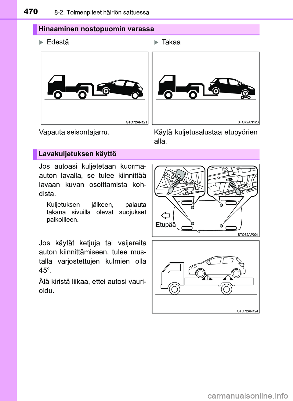 TOYOTA YARIS HATCHBACK 2018  Omistajan Käsikirja (in Finnish) 4708-2. Toimenpiteet häiriön sattuessa
YARIS_HV_OM_Europe_OM52C96FI
Jos autoasi kuljetetaan kuorma-
auton lavalla, se tulee kiinnittää
lavaan kuvan osoittamista koh-
dista.
Kuljetuksen jälkeen, p