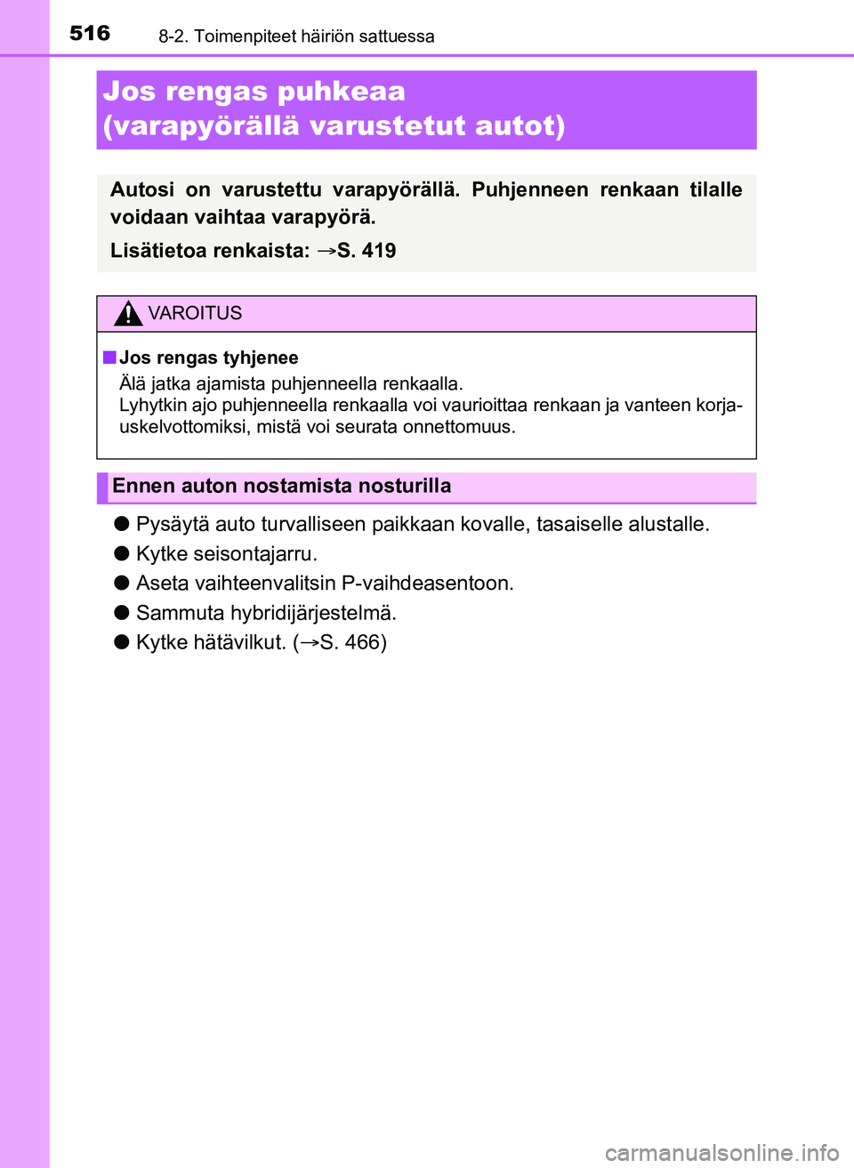 TOYOTA YARIS HATCHBACK 2018  Omistajan Käsikirja (in Finnish) 5168-2. Toimenpiteet häiriön sattuessa
YARIS_HV_OM_Europe_OM52C96FI
Jos rengas puhkeaa 
(varapyörällä varustetut autot)
lPysäytä auto turvalliseen paikkaa n kovalle, tasaiselle alustalle.
l Kyt
