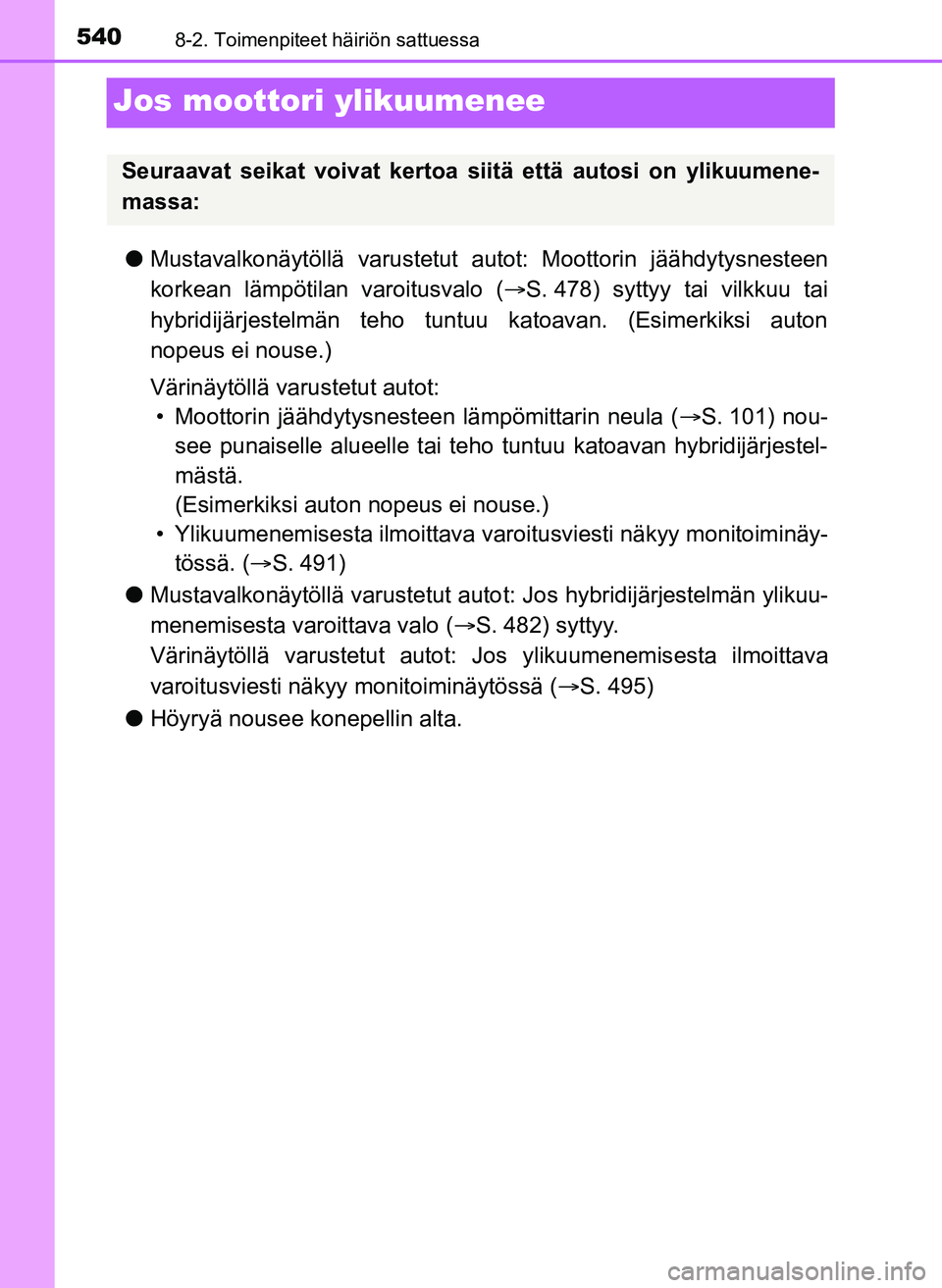 TOYOTA YARIS HATCHBACK 2018 Omistajan Käsikirja (in Finnish) 5408-2. Toimenpiteet häiriön sattuessa
YARIS_HV_OM_Europe_OM52C96FI
Jos moottori ylikuumenee
lMustavalkonäytöllä varustetut autot: Moottorin jäähdytysnesteen
korkean lämpötilan varoitusvalo TOYOTA YARIS HATCHBACK 2018 Omistajan Käsikirja (in Finnish) 5408-2. Toimenpiteet häiriön sattuessa
YARIS_HV_OM_Europe_OM52C96FI
Jos moottori ylikuumenee
lMustavalkonäytöllä varustetut autot: Moottorin jäähdytysnesteen
korkean lämpötilan varoitusvalo