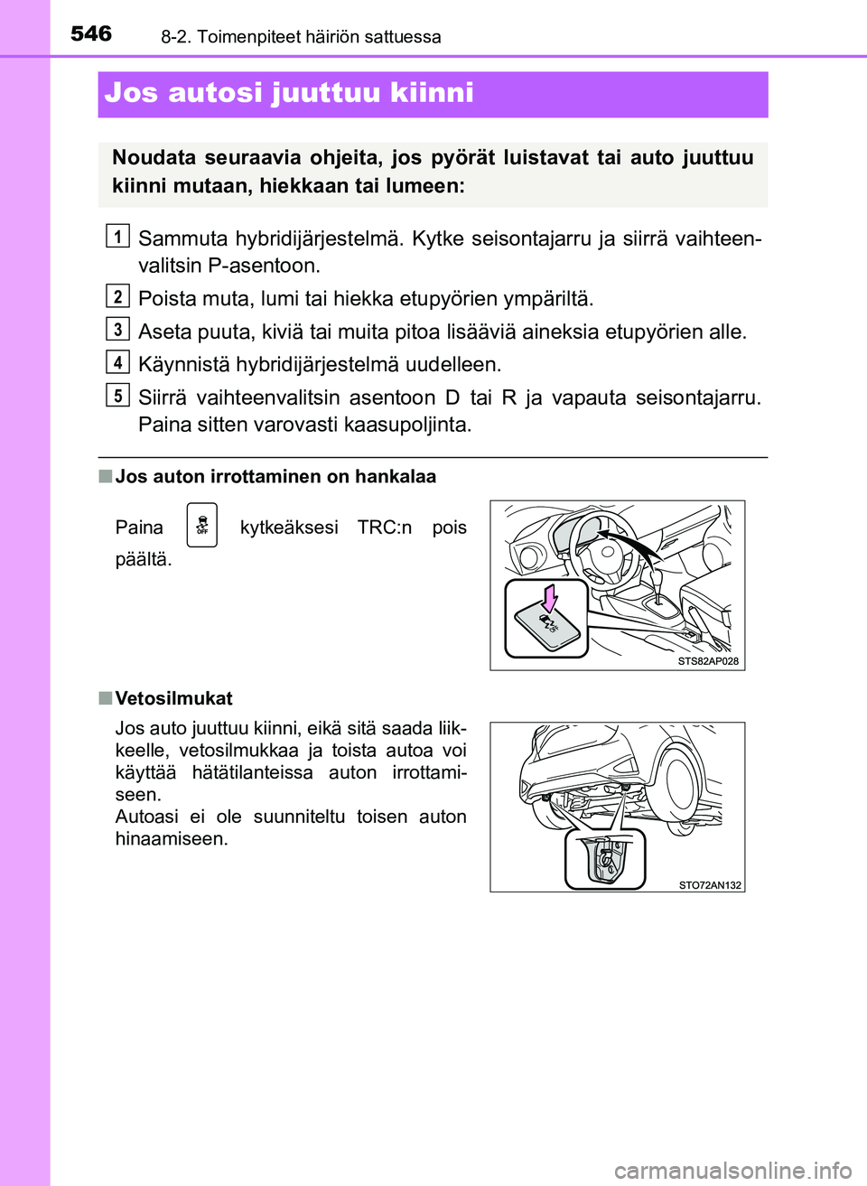 TOYOTA YARIS HATCHBACK 2018  Omistajan Käsikirja (in Finnish) 5468-2. Toimenpiteet häiriön sattuessa
YARIS_HV_OM_Europe_OM52C96FI
Jos autosi juuttuu kiinni
Sammuta hybridijärjestelmä. Kytke seisontajarru ja siirrä vaihteen-
valitsin P-asentoon.
Poista muta,