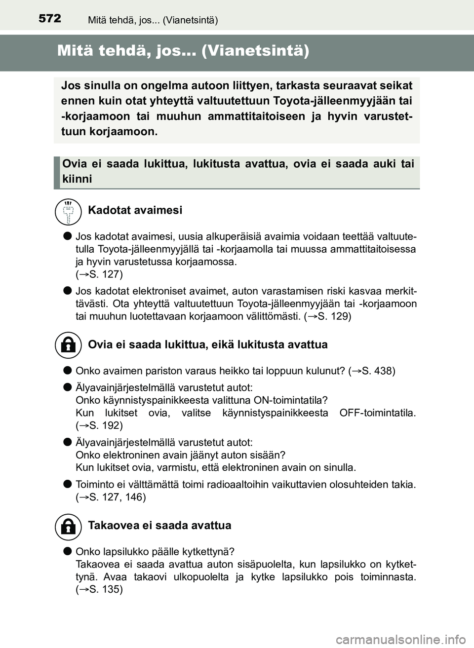 TOYOTA YARIS HATCHBACK 2018 Omistajan Käsikirja (in Finnish) 572Mitä tehdä, jos... (Vianetsintä)
YARIS_HV_OM_Europe_OM52C96FI
Mitä tehdä, jos... (Vianetsintä)
lJos kadotat avaimesi, uusia alkuperäisiä avaimia voidaan teettää valtuute-
tulla Toyota-jä TOYOTA YARIS HATCHBACK 2018 Omistajan Käsikirja (in Finnish) 572Mitä tehdä, jos... (Vianetsintä)
YARIS_HV_OM_Europe_OM52C96FI
Mitä tehdä, jos... (Vianetsintä)
lJos kadotat avaimesi, uusia alkuperäisiä avaimia voidaan teettää valtuute-
tulla Toyota-jä