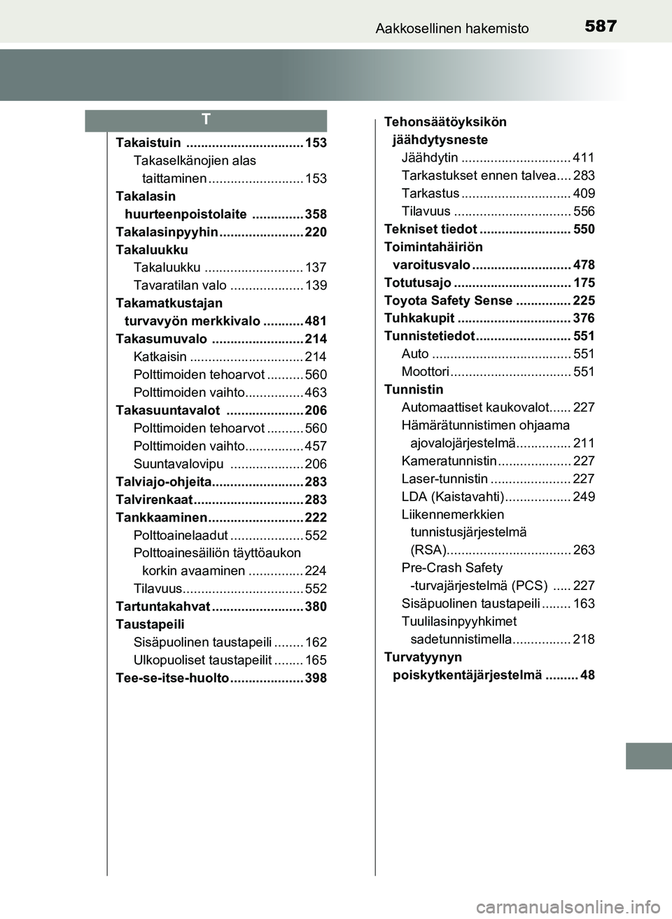 TOYOTA YARIS HATCHBACK 2018 Omistajan Käsikirja (in Finnish) 587Aakkosellinen hakemisto
YARIS_HV_OM_Europe_OM52C96FI
Takaistuin ................................ 153Takaselkänojien alas
taittaminen .......................... 153
Takalasin huurteenpoistolaite TOYOTA YARIS HATCHBACK 2018 Omistajan Käsikirja (in Finnish) 587Aakkosellinen hakemisto
YARIS_HV_OM_Europe_OM52C96FI
Takaistuin ................................ 153Takaselkänojien alas
taittaminen .......................... 153
Takalasin huurteenpoistolaite