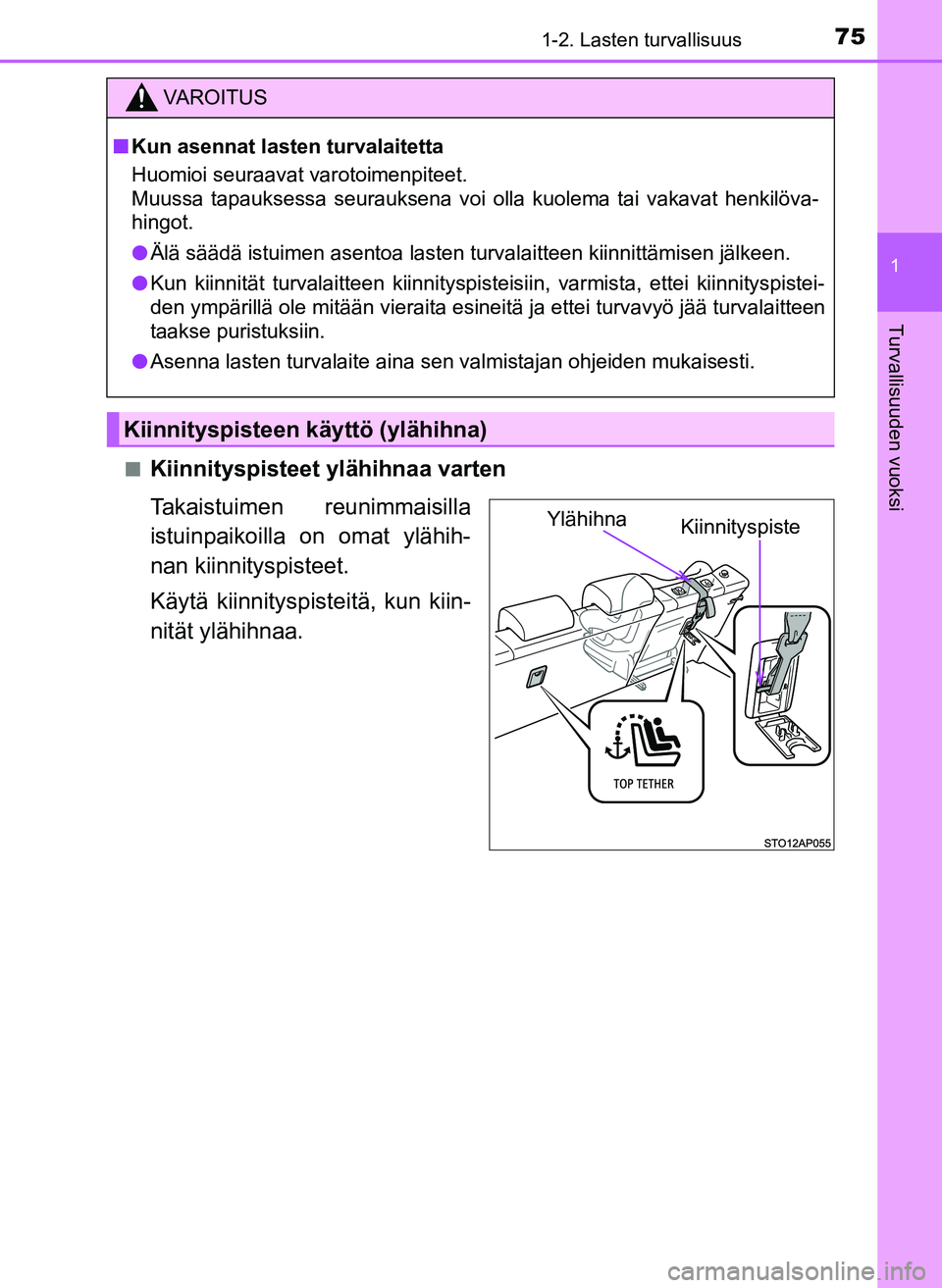 TOYOTA YARIS HATCHBACK 2018  Omistajan Käsikirja (in Finnish) 751-2. Lasten turvallisuus
1
Turvallisuuden vuoksi
YARIS_HV_OM_Europe_OM52C96FIn
Kiinnityspisteet ylähihnaa varten
Takaistuimen reunimmaisilla
istuinpaikoilla on omat ylähih-
nan kiinnityspisteet.
K