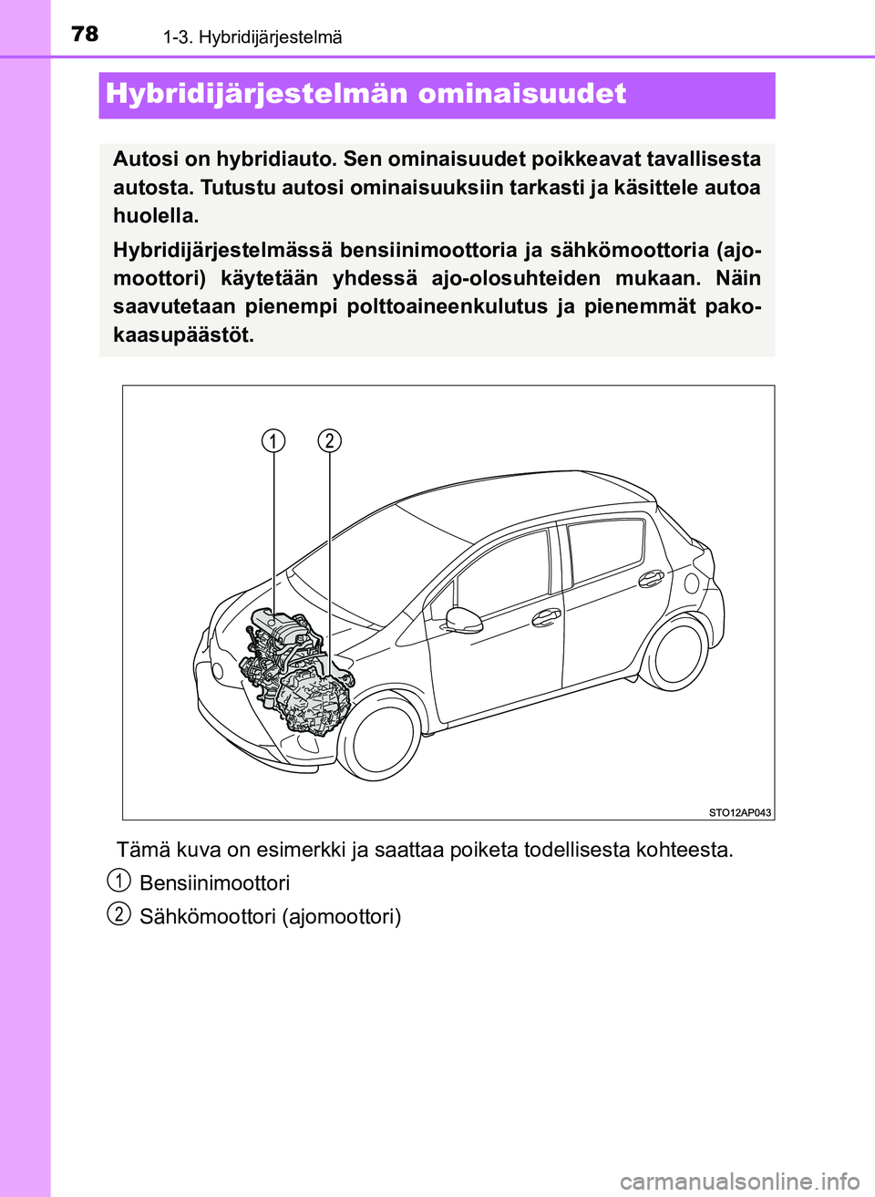 TOYOTA YARIS HATCHBACK 2018  Omistajan Käsikirja (in Finnish) 781-3. Hybridijärjestelmä
YARIS_HV_OM_Europe_OM52C96FI
Hybridijärjestelmän ominaisuudet
Tämä kuva on esimerkki ja saattaa poiketa todellisesta kohteesta.Bensiinimoottori
Sähkömoottori (ajomoot