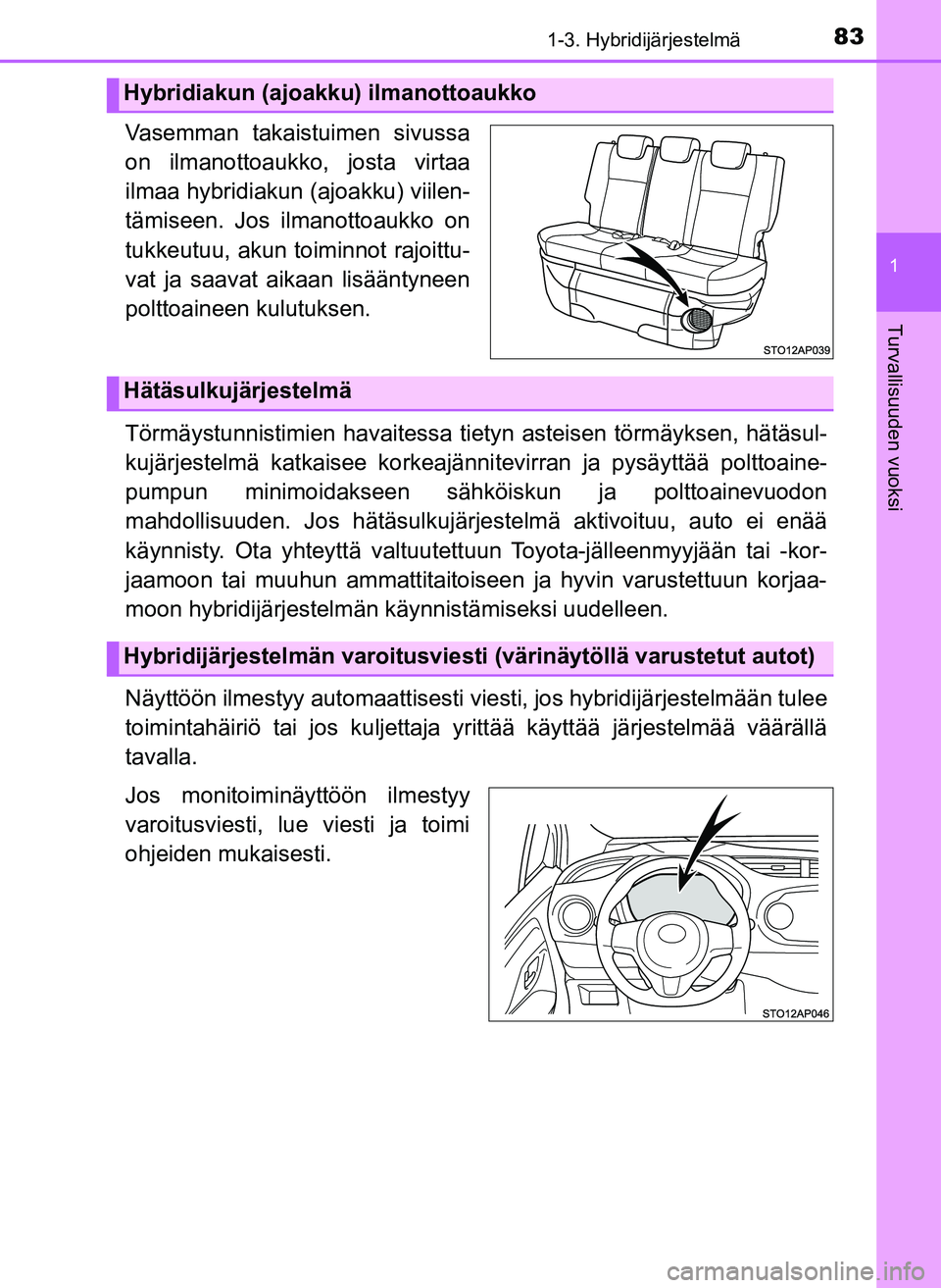 TOYOTA YARIS HATCHBACK 2018 Omistajan Käsikirja (in Finnish) 831-3. Hybridijärjestelmä
1
Turvallisuuden vuoksi
YARIS_HV_OM_Europe_OM52C96FI
Vasemman takaistuimen sivussa
on ilmanottoaukko, josta virtaa
ilmaa hybridiakun (ajoakku) viilen-
tämiseen. Jos ilmano TOYOTA YARIS HATCHBACK 2018 Omistajan Käsikirja (in Finnish) 831-3. Hybridijärjestelmä
1
Turvallisuuden vuoksi
YARIS_HV_OM_Europe_OM52C96FI
Vasemman takaistuimen sivussa
on ilmanottoaukko, josta virtaa
ilmaa hybridiakun (ajoakku) viilen-
tämiseen. Jos ilmano