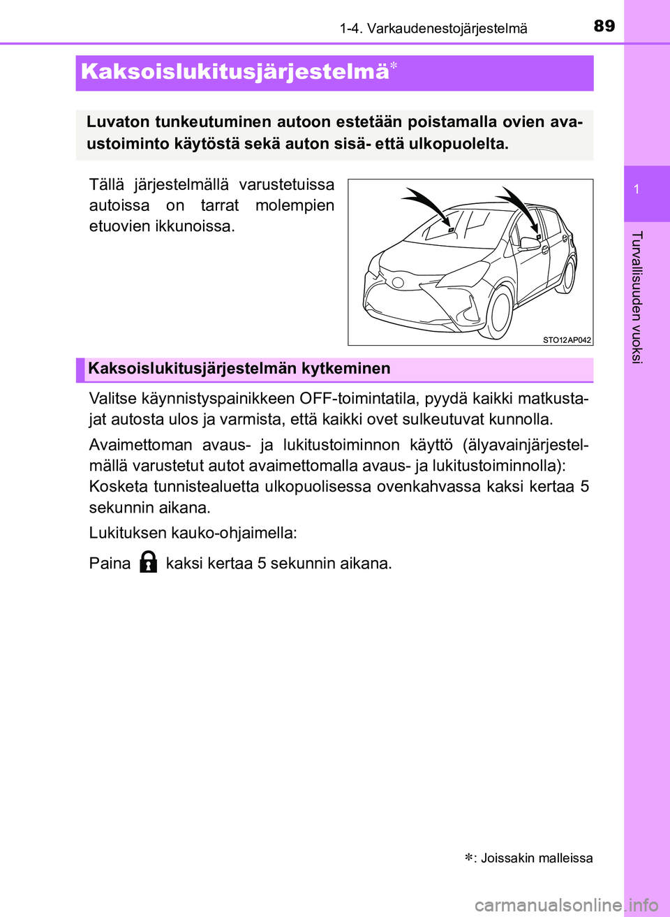 TOYOTA YARIS HATCHBACK 2018  Omistajan Käsikirja (in Finnish) 89
1
1-4. Varkaudenestojärjestelmä
Turvallisuuden vuoksi
YARIS_HV_OM_Europe_OM52C96FI
Kaksoislukitusjärjestelmä
Tällä järjestelmällä varustetuissa
autoissa on tarrat molempien
etuovien ikk