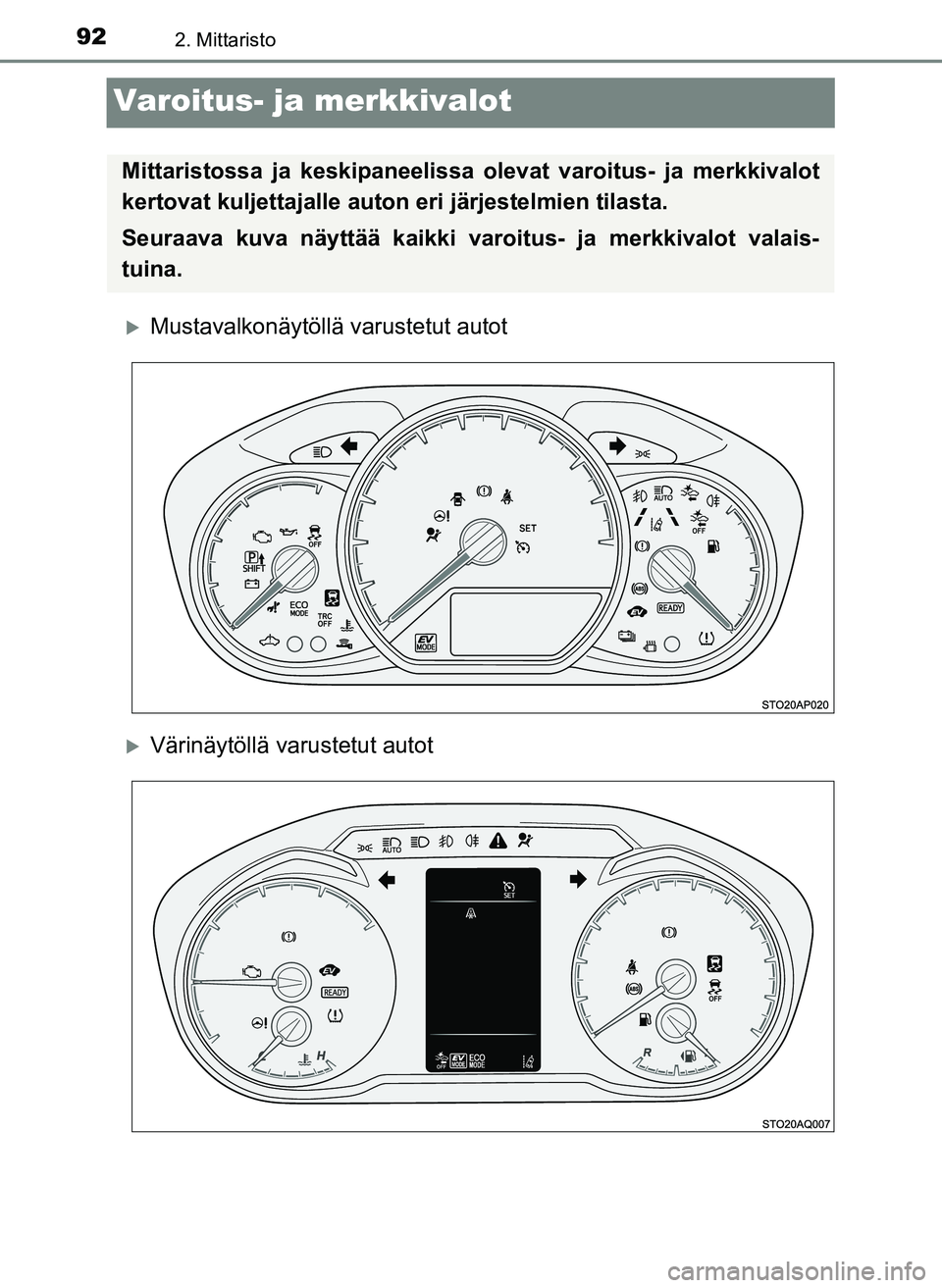 TOYOTA YARIS HATCHBACK 2018  Omistajan Käsikirja (in Finnish) 922. Mittaristo
YARIS_HV_OM_Europe_OM52C96FI
Varoitus- ja merkkivalot
Mustavalkonäytöllä varustetut autot
Värinäytöllä varustetut autot
Mittaristossa ja keskipaneelissa olevat varoitus- j