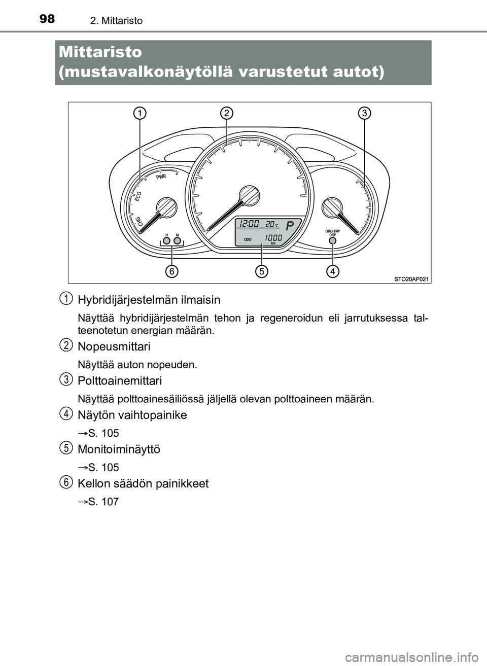 TOYOTA YARIS HATCHBACK 2018  Omistajan Käsikirja (in Finnish) 982. Mittaristo
YARIS_HV_OM_Europe_OM52C96FI
Mittaristo 
(mustavalkonäytöllä varustetut autot)
Hybridijärjestelmän ilmaisin
Näyttää hybridijärjestelmän tehon ja regeneroidun eli jarrutuksess
