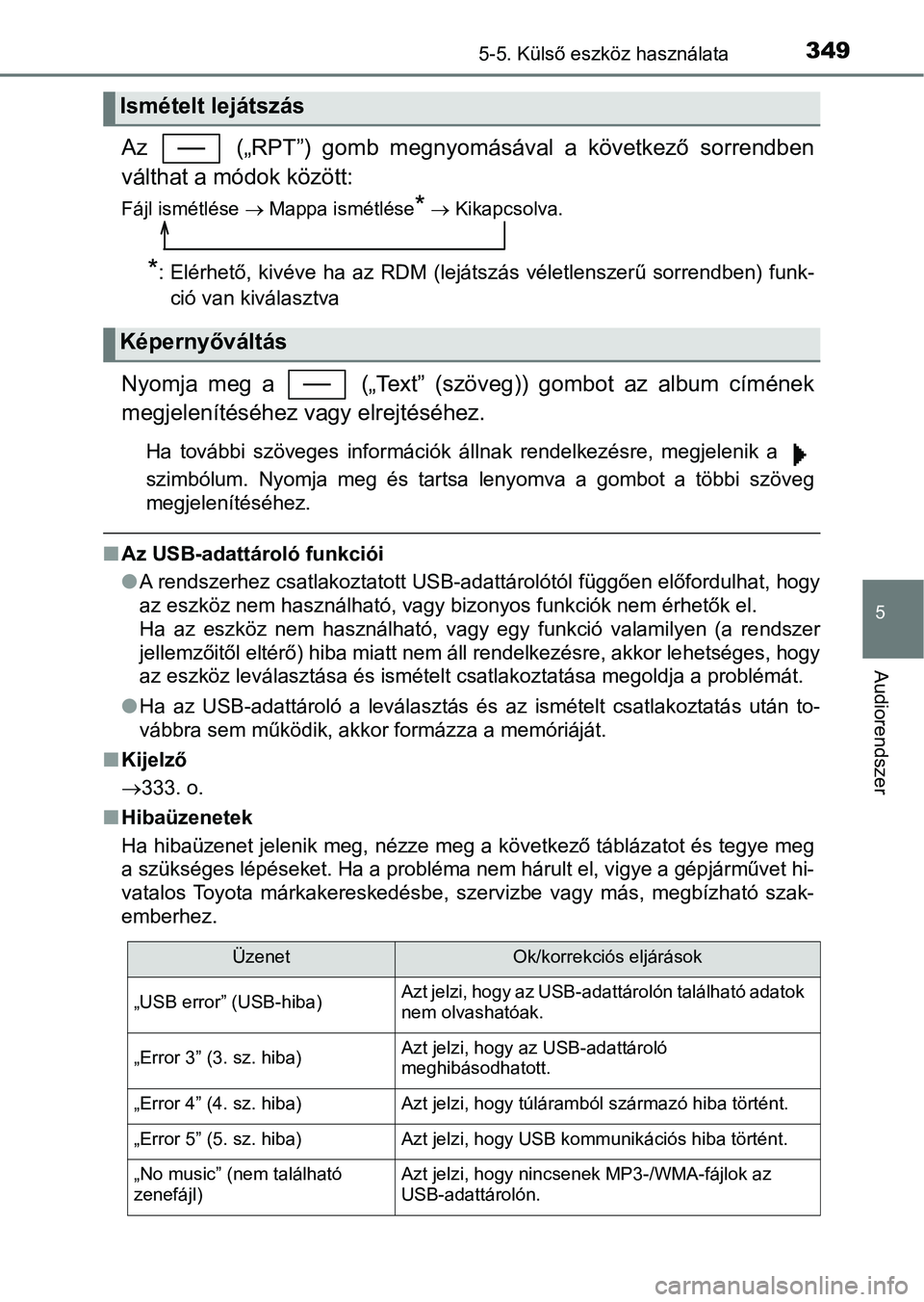 TOYOTA YARIS HATCHBACK 2017 Kezelési útmutató (in Hungarian) 3495-5. Külső eszköz használata
5
Audiorendszer
Az („RPT”) gomb megnyomásával a következő sorrendben
válthat a módok között:
Fájl ismétlése Mappa ismétlése* Kikapc TOYOTA YARIS HATCHBACK 2017 Kezelési útmutató (in Hungarian) 3495-5. Külső eszköz használata
5
Audiorendszer
Az („RPT”) gomb megnyomásával a következő sorrendben
válthat a módok között:
Fájl ismétlése Mappa ismétlése* Kikapc