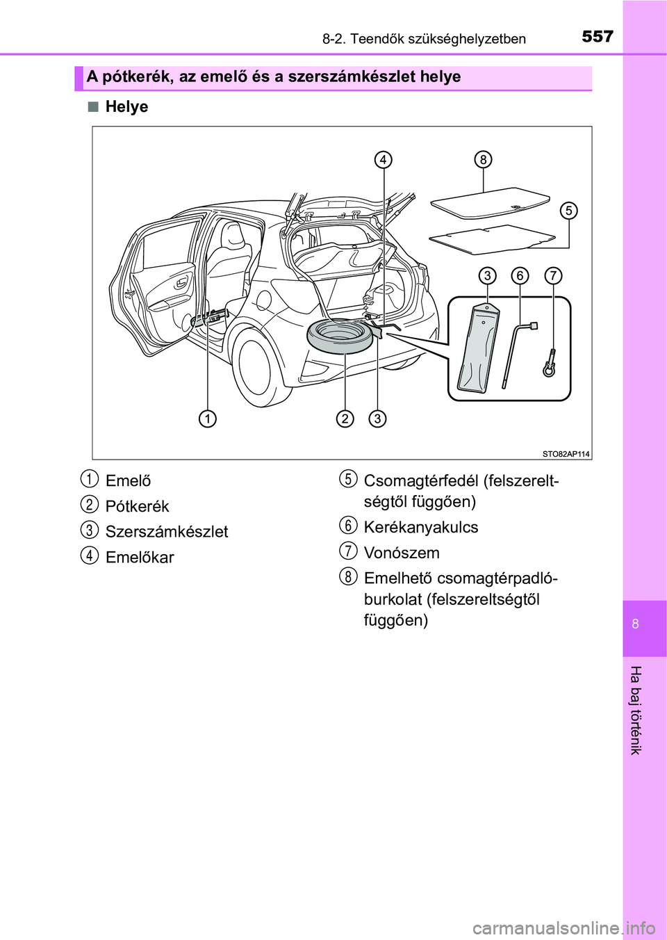 TOYOTA YARIS HATCHBACK 2017  Kezelési útmutató (in Hungarian) 5578-2. Teendők szükséghelyzetben
8
Ha baj történik
nHelye
A pótkerék, az emelő és a szerszámkészlet helye
Emelő
Pótkerék
Szerszámkészlet
EmelőkarCsomagtérfedél (felszerelt-
ségtő