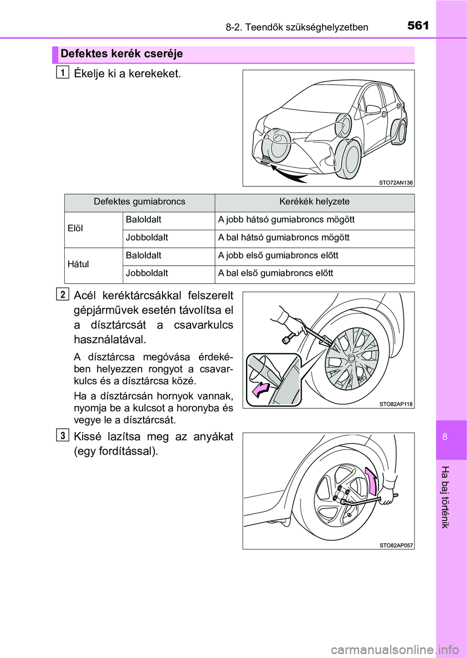 TOYOTA YARIS HATCHBACK 2017  Kezelési útmutató (in Hungarian) 5618-2. Teendők szükséghelyzetben
8
Ha baj történik
Ékelje ki a kerekeket.
Acél  keréktárcsákkal  felszerelt
gépjárművek esetén távolítsa el
a  dísztárcsát  a  csavarkulcs
használa