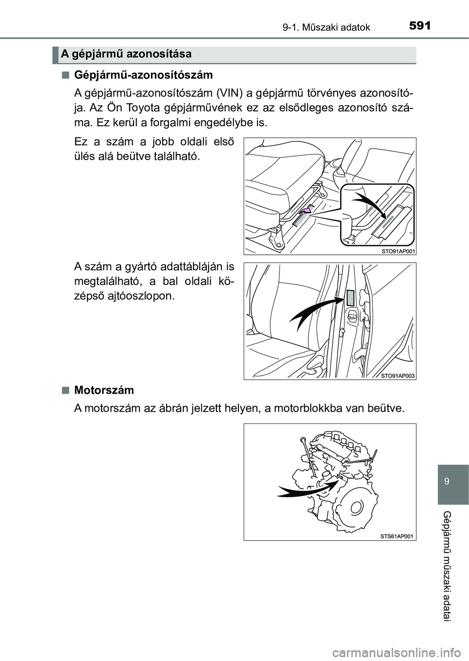 TOYOTA YARIS HATCHBACK 2017  Kezelési útmutató (in Hungarian) 5919-1. Műszaki adatok
9
Gépjármű műszaki adatai
nGépjármű-azonosítószám
A gépjármű-azonosítószám (VIN) a gépjármű törvényes azonosító-
ja. Az  Ön  Toyota  gépjárművének  