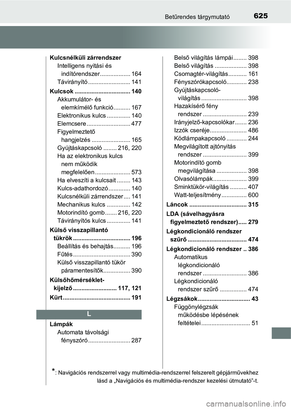 TOYOTA YARIS HATCHBACK 2017 Kezelési útmutató (in Hungarian) 625Betűrendes tárgymutató
Kulcsnélküli zárrendszerIntelligens nyitási és indítórendszer.................. 164
Távirányító ......................... 141
Kulcsok .......................... TOYOTA YARIS HATCHBACK 2017 Kezelési útmutató (in Hungarian) 625Betűrendes tárgymutató
Kulcsnélküli zárrendszerIntelligens nyitási és indítórendszer.................. 164
Távirányító ......................... 141
Kulcsok ..........................