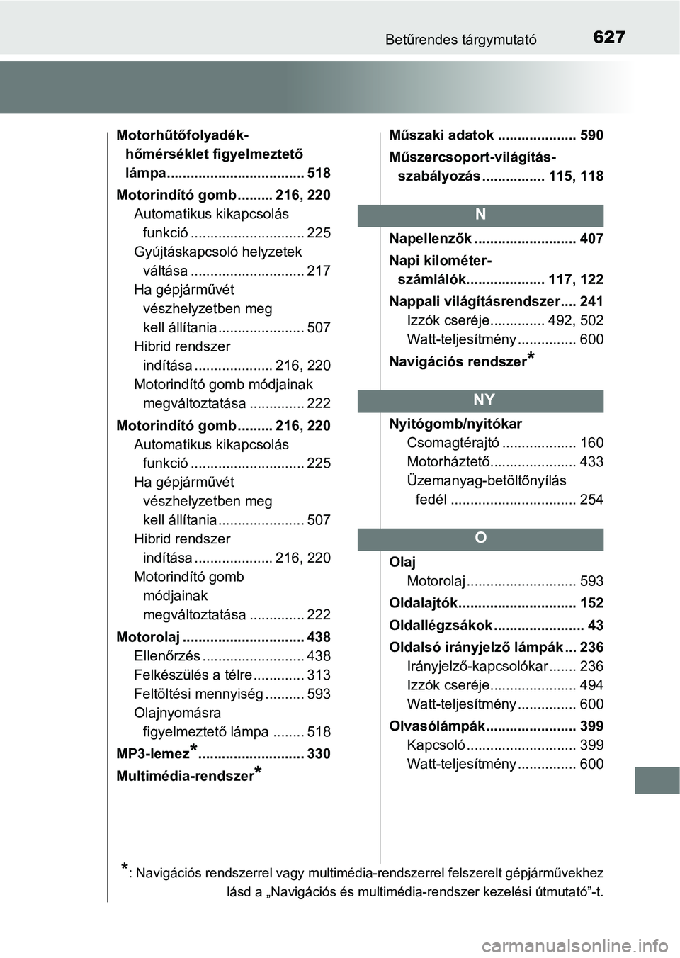 TOYOTA YARIS HATCHBACK 2017 Kezelési útmutató (in Hungarian) 627Betűrendes tárgymutató
Motorhűtőfolyadék-hőmérséklet figyelmeztető
lámpa................................... 518
Motorindító gomb ......... 216, 220 Automatikus kikapcsolás funkció .. TOYOTA YARIS HATCHBACK 2017 Kezelési útmutató (in Hungarian) 627Betűrendes tárgymutató
Motorhűtőfolyadék-hőmérséklet figyelmeztető
lámpa................................... 518
Motorindító gomb ......... 216, 220 Automatikus kikapcsolás funkció ..