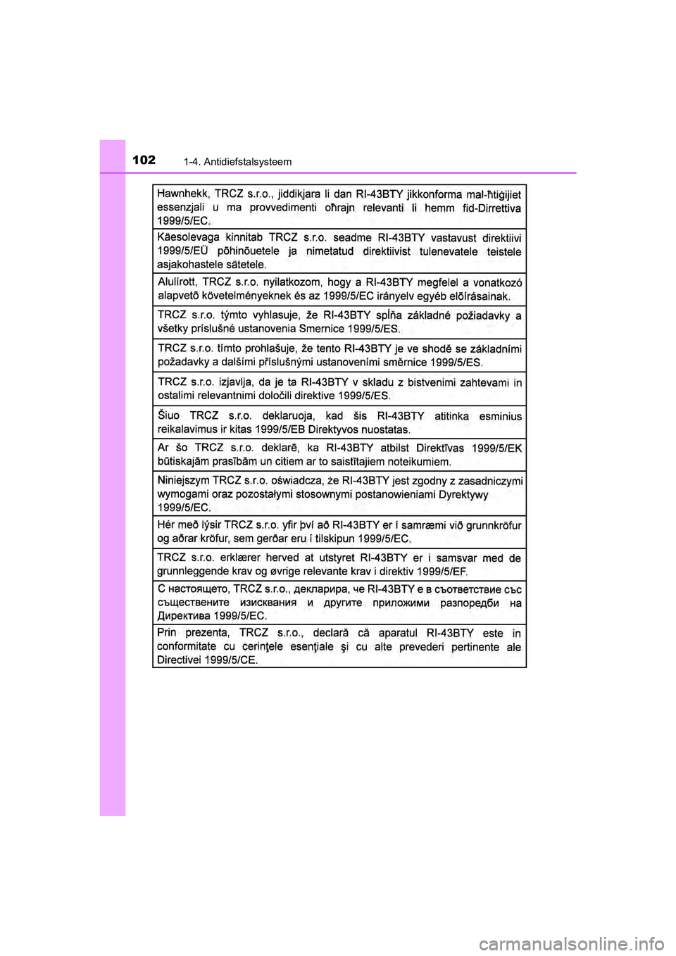 TOYOTA YARIS HATCHBACK 2017  Instructieboekje (in Dutch) 1021-4. Antidiefstalsysteem
YARIS_HV_OM_Europe_OM52J66E
YARIS_HV_OM_Europe_OM52J66E.book  Page 102  Tuesday, November 14, 2017  5:07 PM 