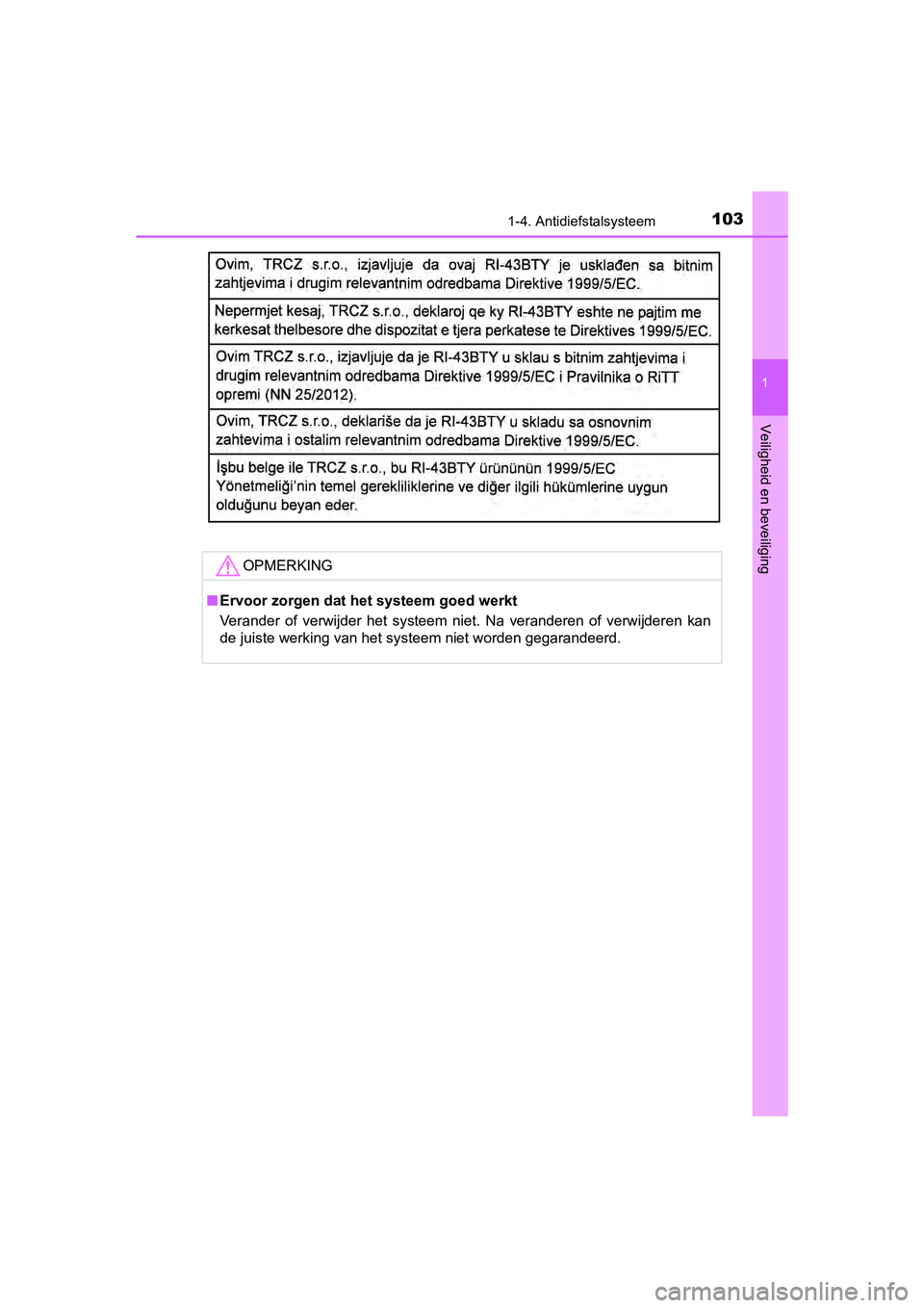 TOYOTA YARIS HATCHBACK 2017  Instructieboekje (in Dutch) 1031-4. Antidiefstalsysteem
1
Veiligheid en beveiliging
YARIS_HV_OM_Europe_OM52J66E
OPMERKING
■Ervoor zorgen dat het systeem goed werkt
Verander  of  verwijder  het  systeem  niet.  Na  veranderen  